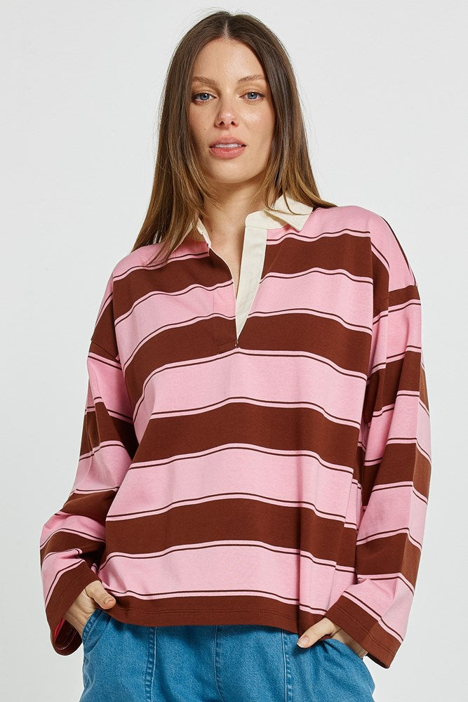 Roland Rugby Top - Pink/Choc | Betty Basics | Everyday Women's