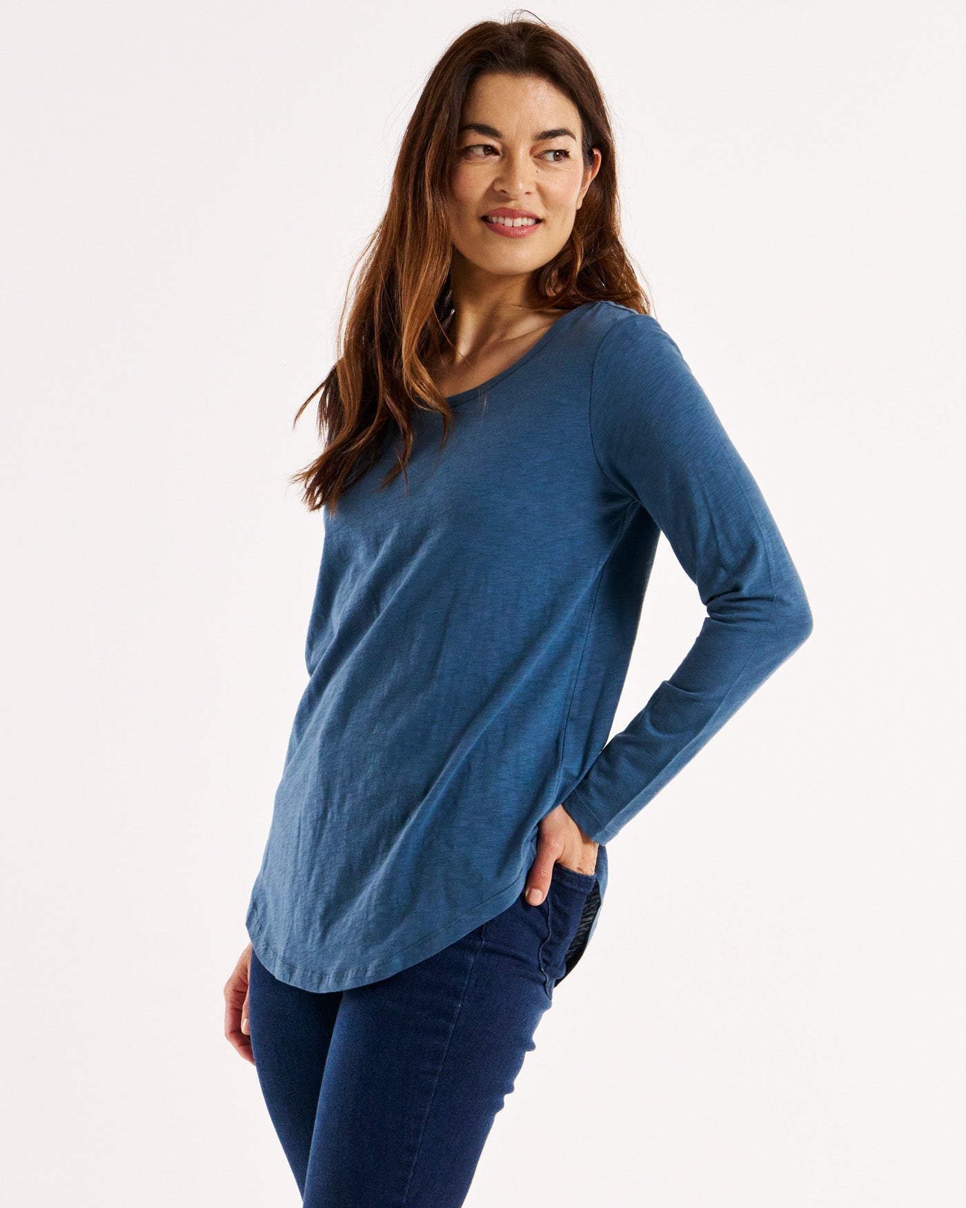 Megan Long Sleeve Cotton Basic Top - Steel Blue
