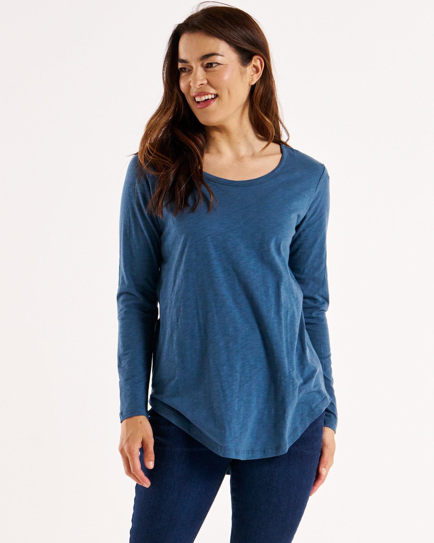 Megan Long Sleeve Cotton Basic Top - Steel Blue