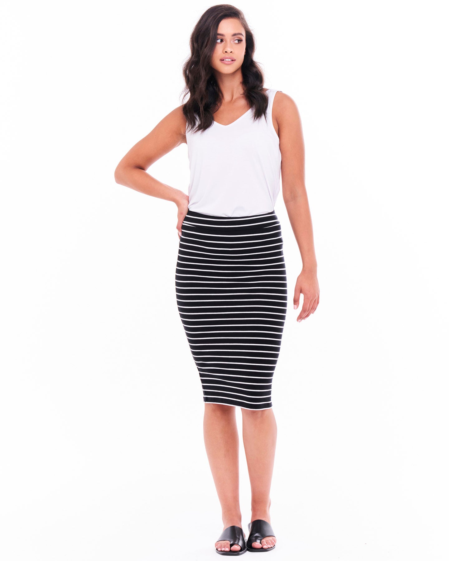 Alicia Midi Bodycon Stretchy Skirt - Black / White Stripe