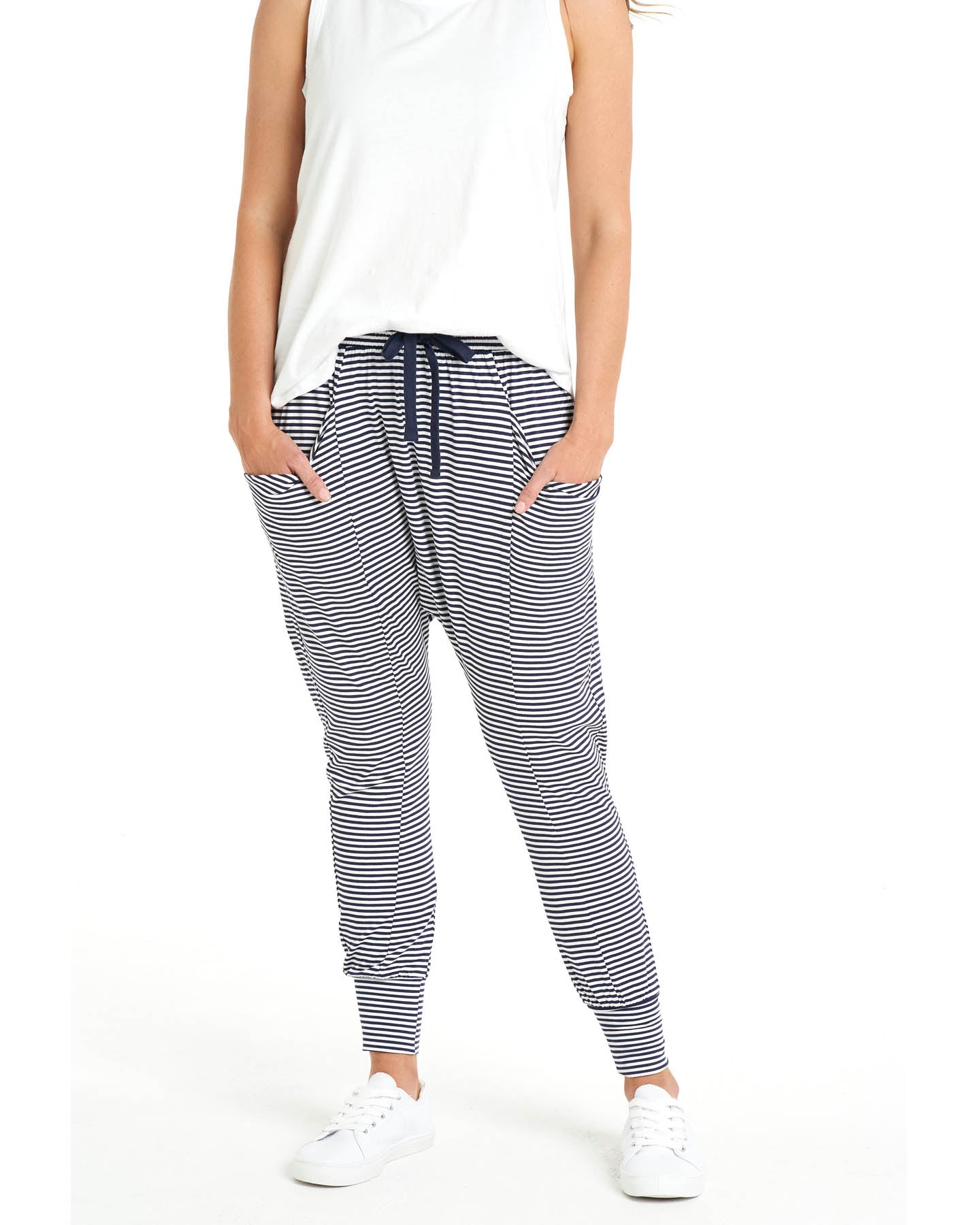 Barcelona Stretchy Relaxed Draped Jogger Pant - Navy Blue/White Stripe