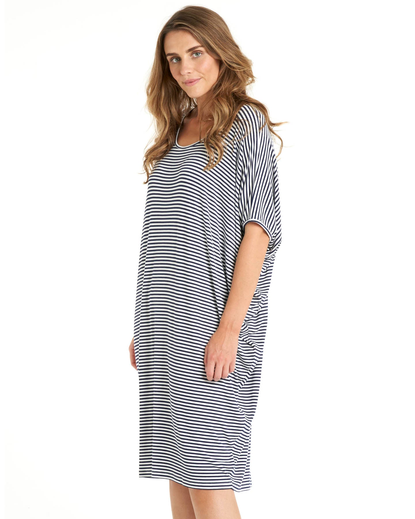 Maui Relaxed Draped Knee-Length T-Shirt Dress - Navy Blue/White Stripe