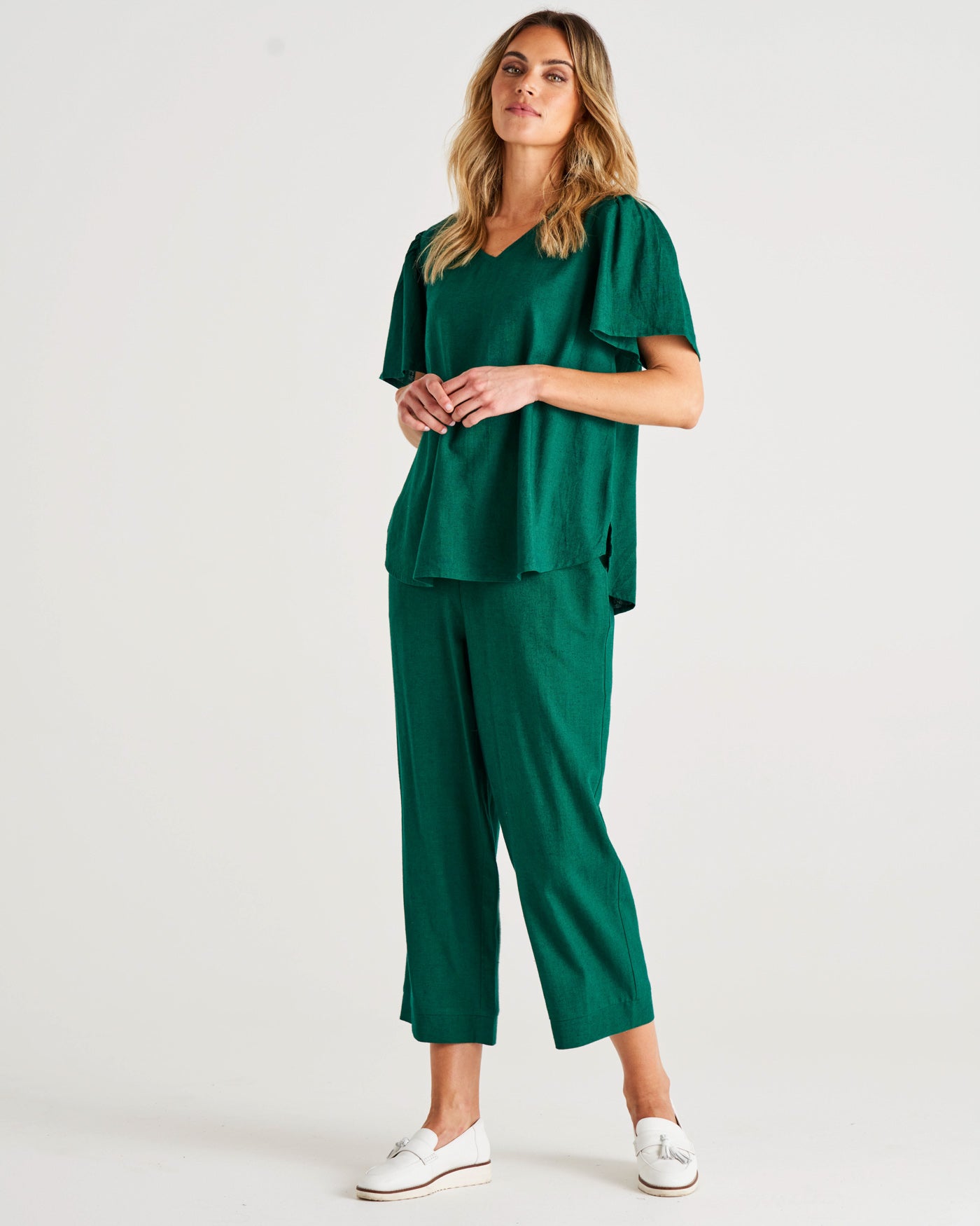 Marina Flutter Sleeve Linen Blouse - Hunter Green