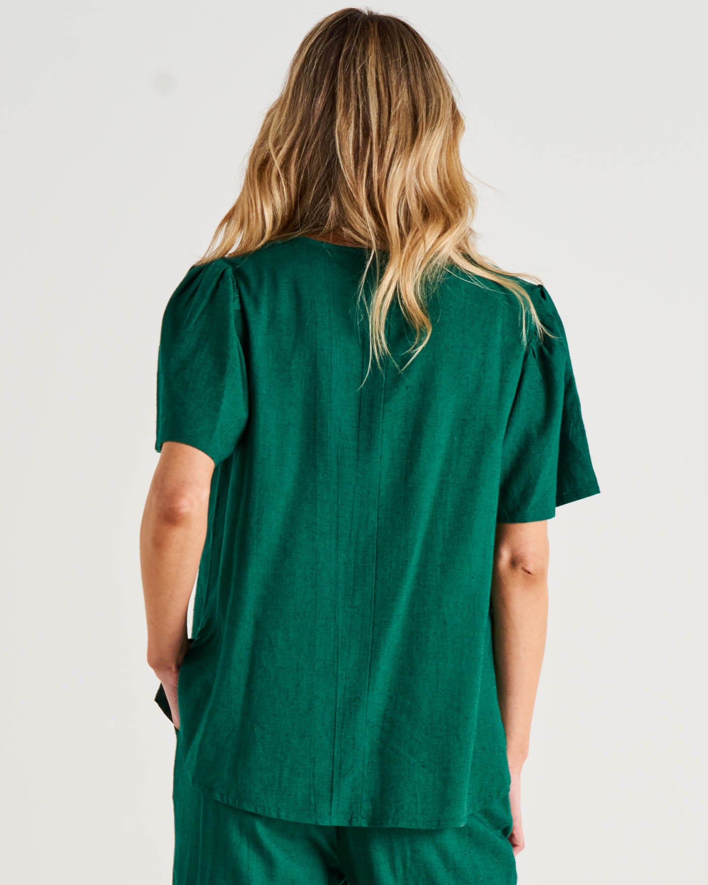 Marina Flutter Sleeve Linen Blouse - Hunter Green