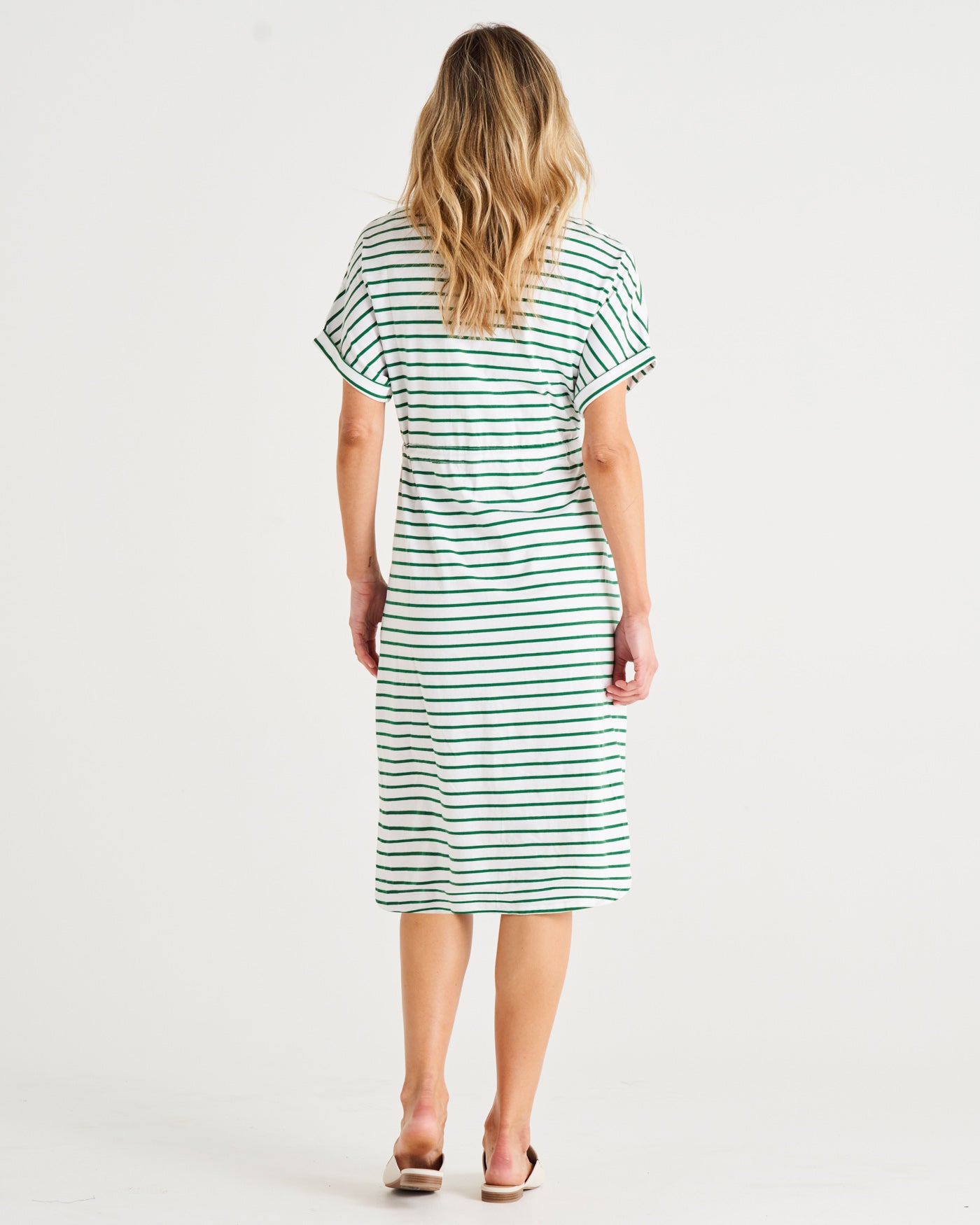 Liza Tie Waist Cotton Above Knee T-Shirt Dress - Meadow Green Stripe