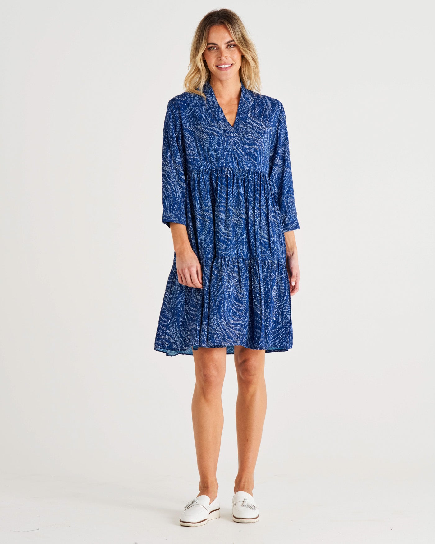 Georgiana 3/4 Sleeve Tiered Dress - Blue Print