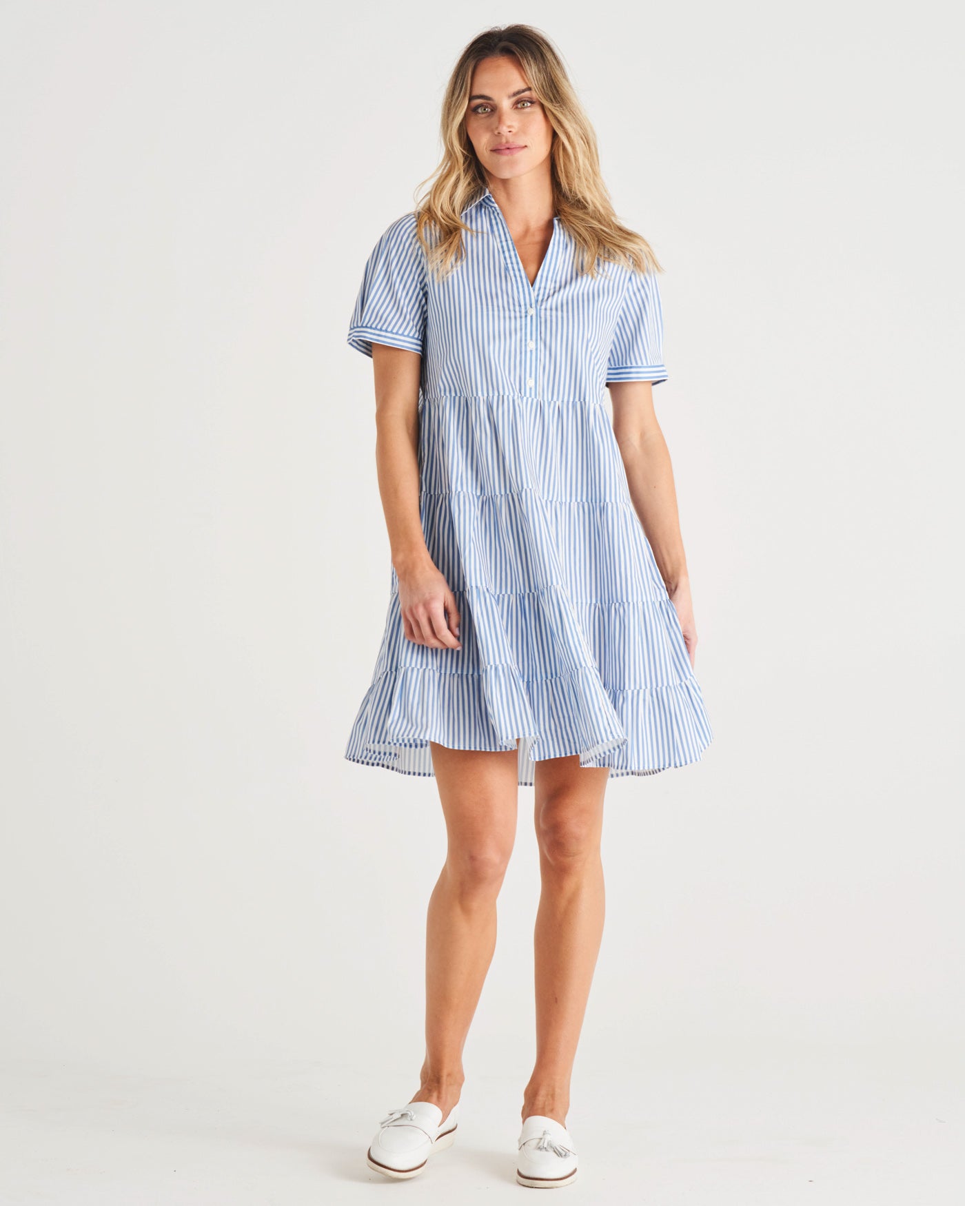 Estelle Tiered Mini Cotton Shirt Dress - Iris Blue Stripe