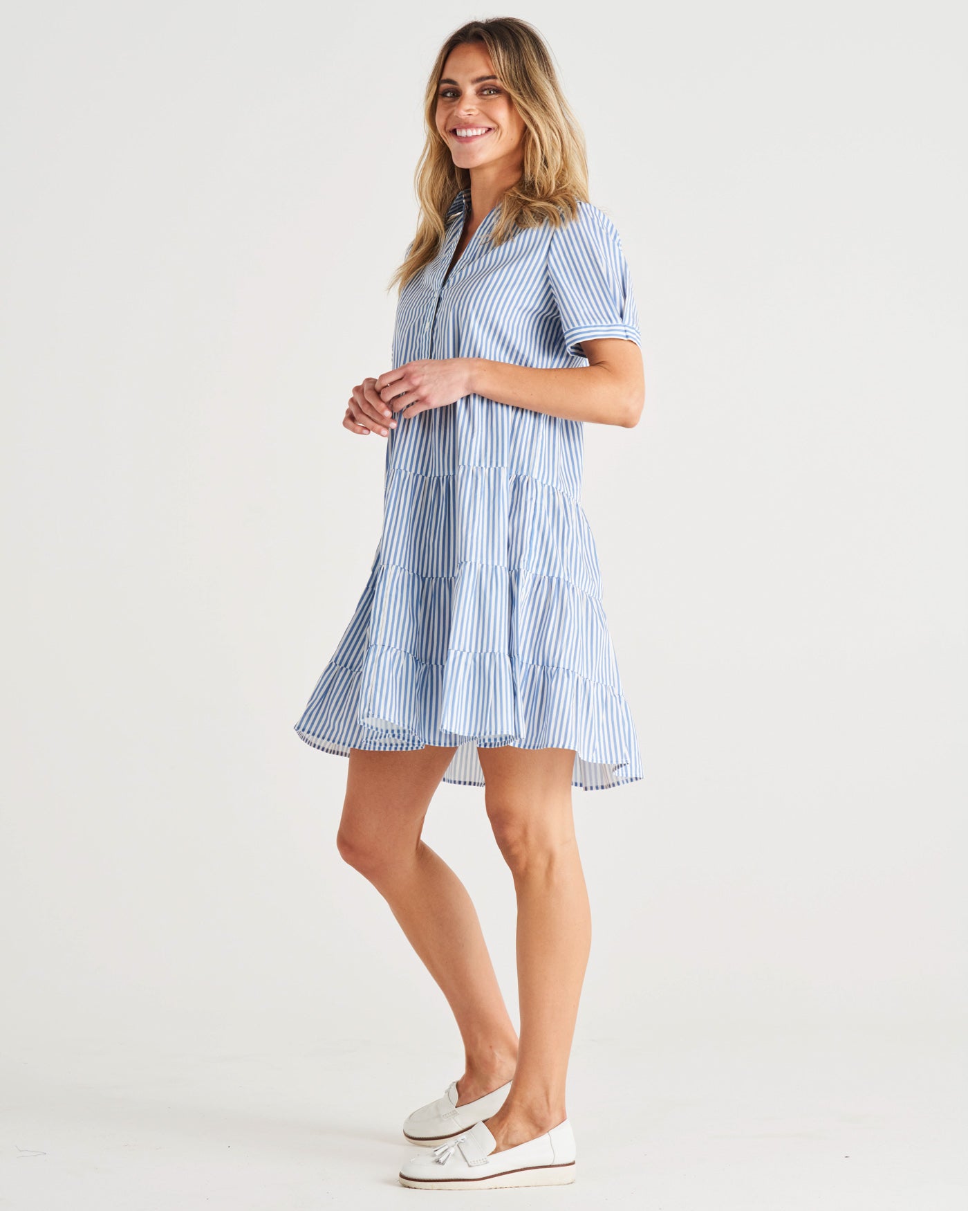 Estelle Tiered Mini Cotton Shirt Dress - Iris Blue Stripe