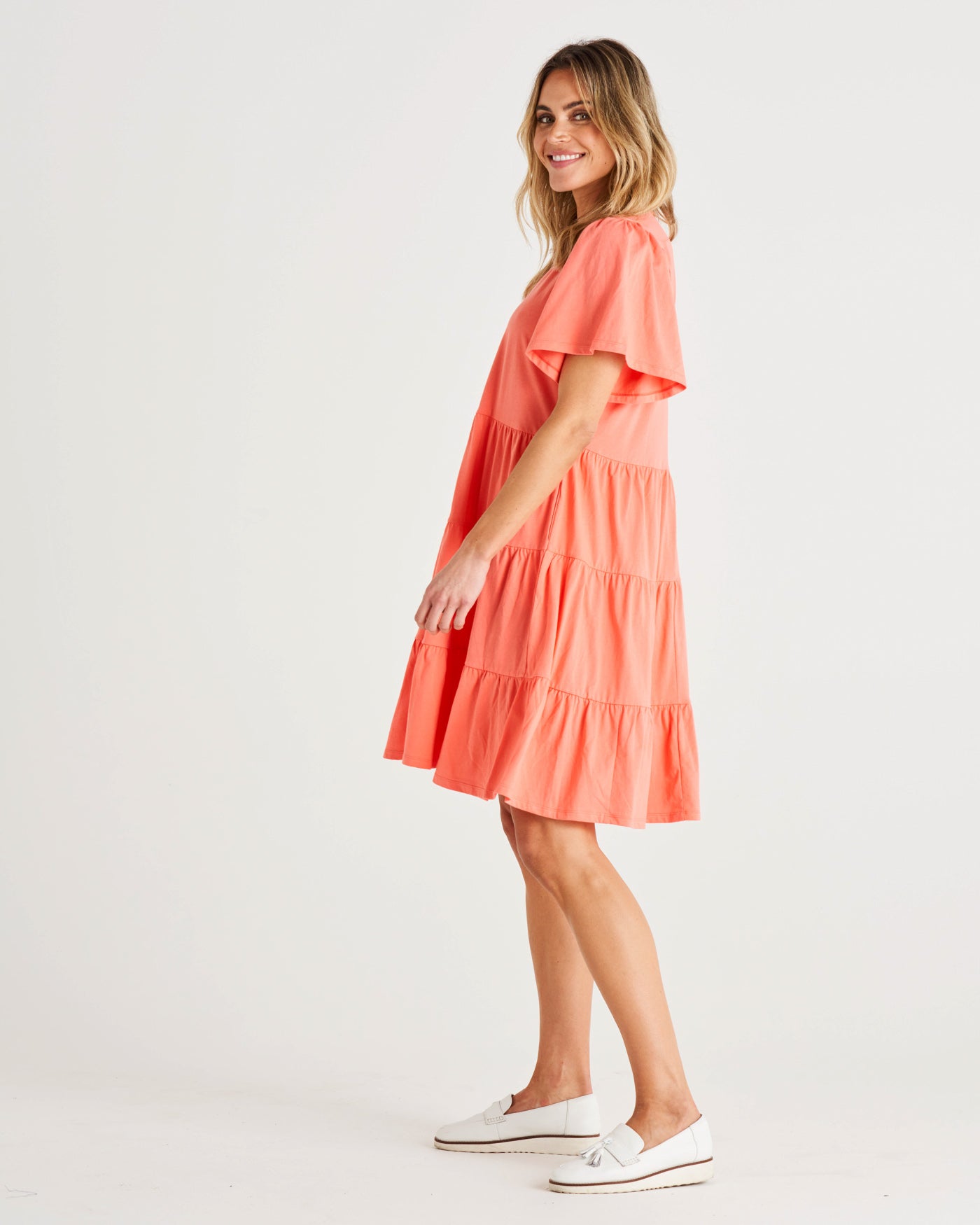 Cressida V-Neck Relaxed Cotton Dress - Coral