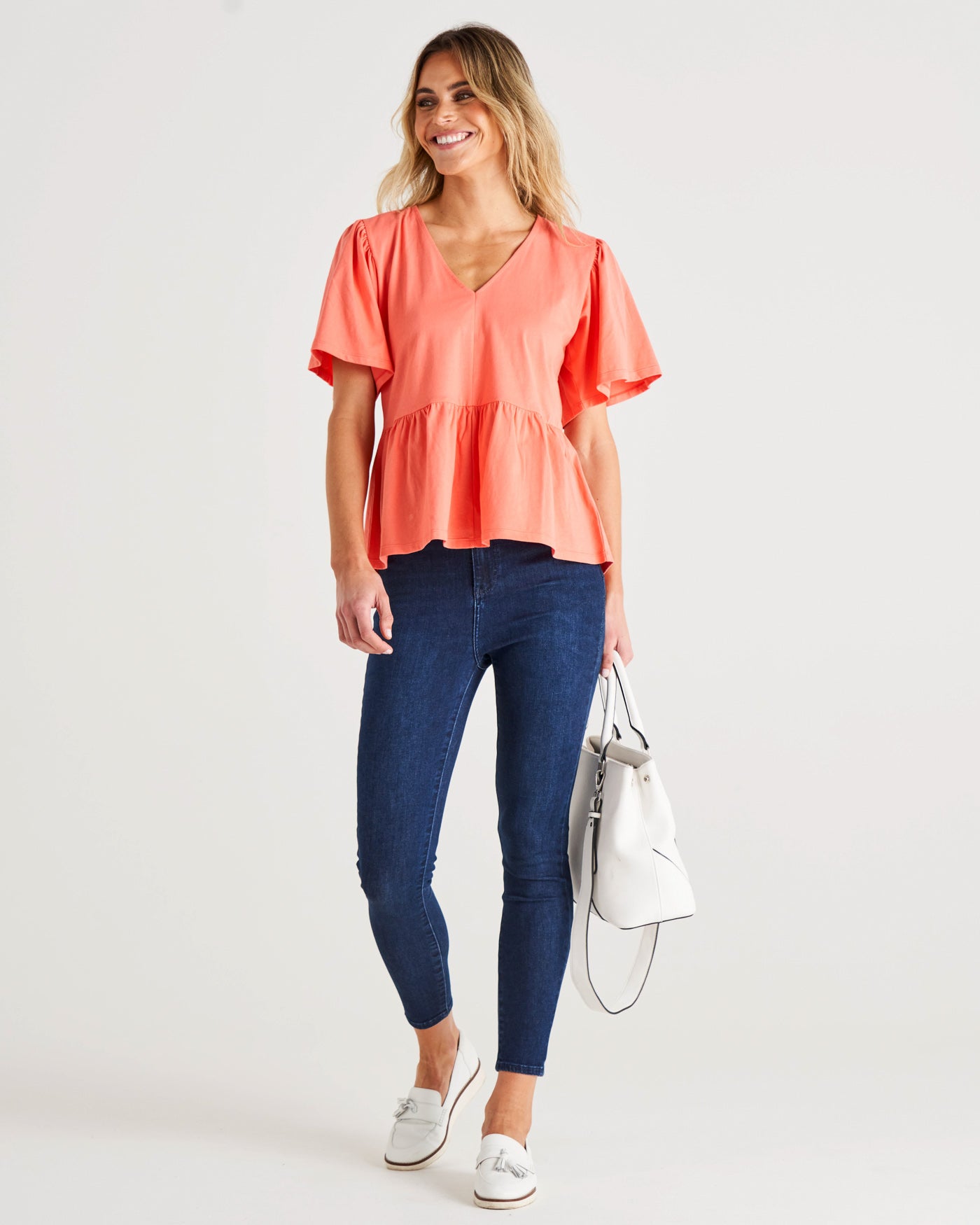 Celia Relaxed Flutter Sleeves Cotton Tee - Coral