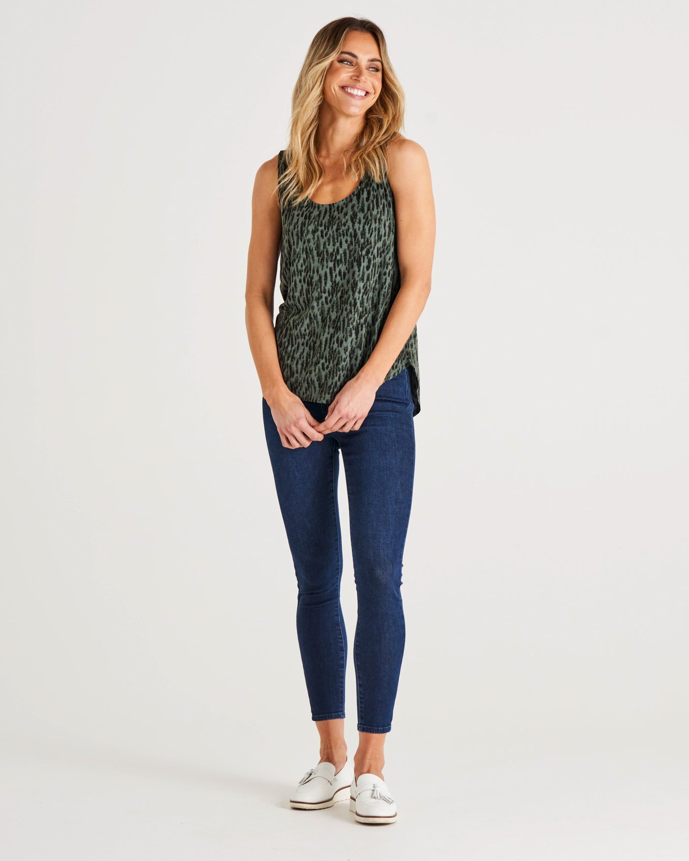 Marley Relaxed Fit Scoop Neck Curved Hem Tank - Abstract Green Print