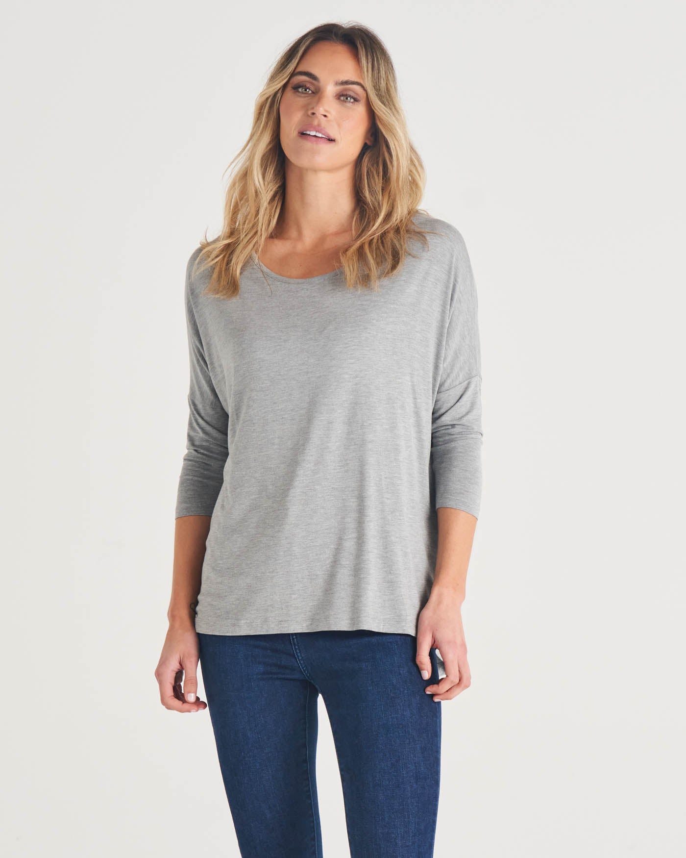 Milan Stretchy Draped Relaxed 3/4 Sleeve  Basic Top - Grey Marle