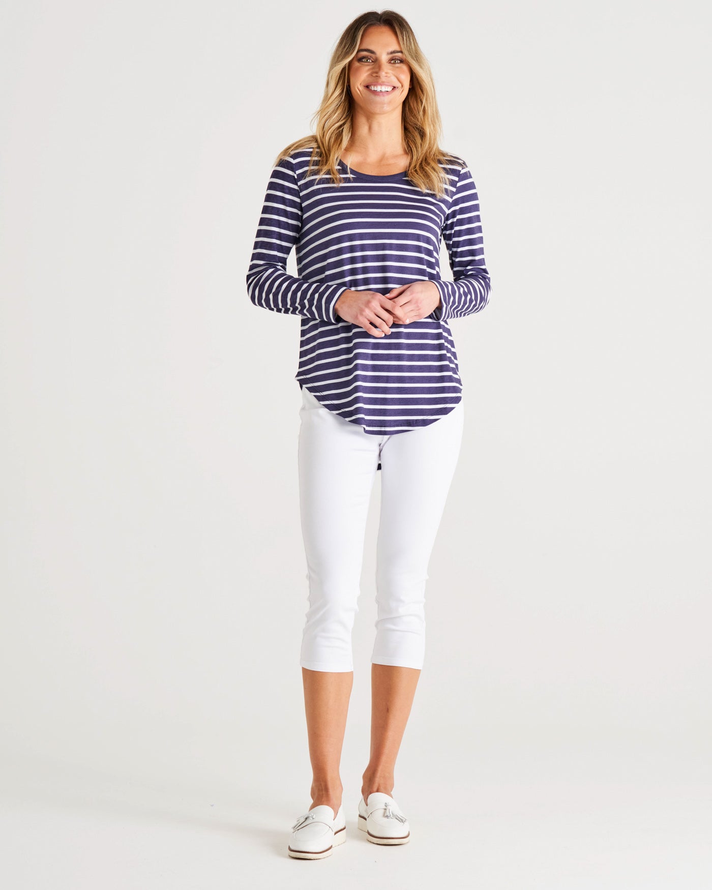 Megan Long Sleeve Cotton Basic Top - Dark Blue Stripe