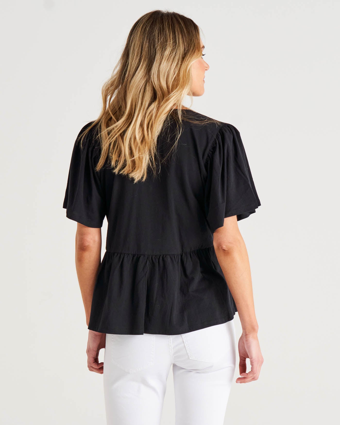 Celia Relaxed Flutter Sleeves Cotton Tee - Black
