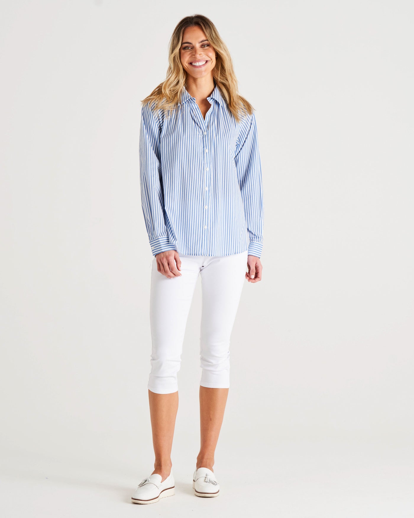 Jackie Relaxed Fit Cotton Button Up Shirt - Iris Blue Stripe