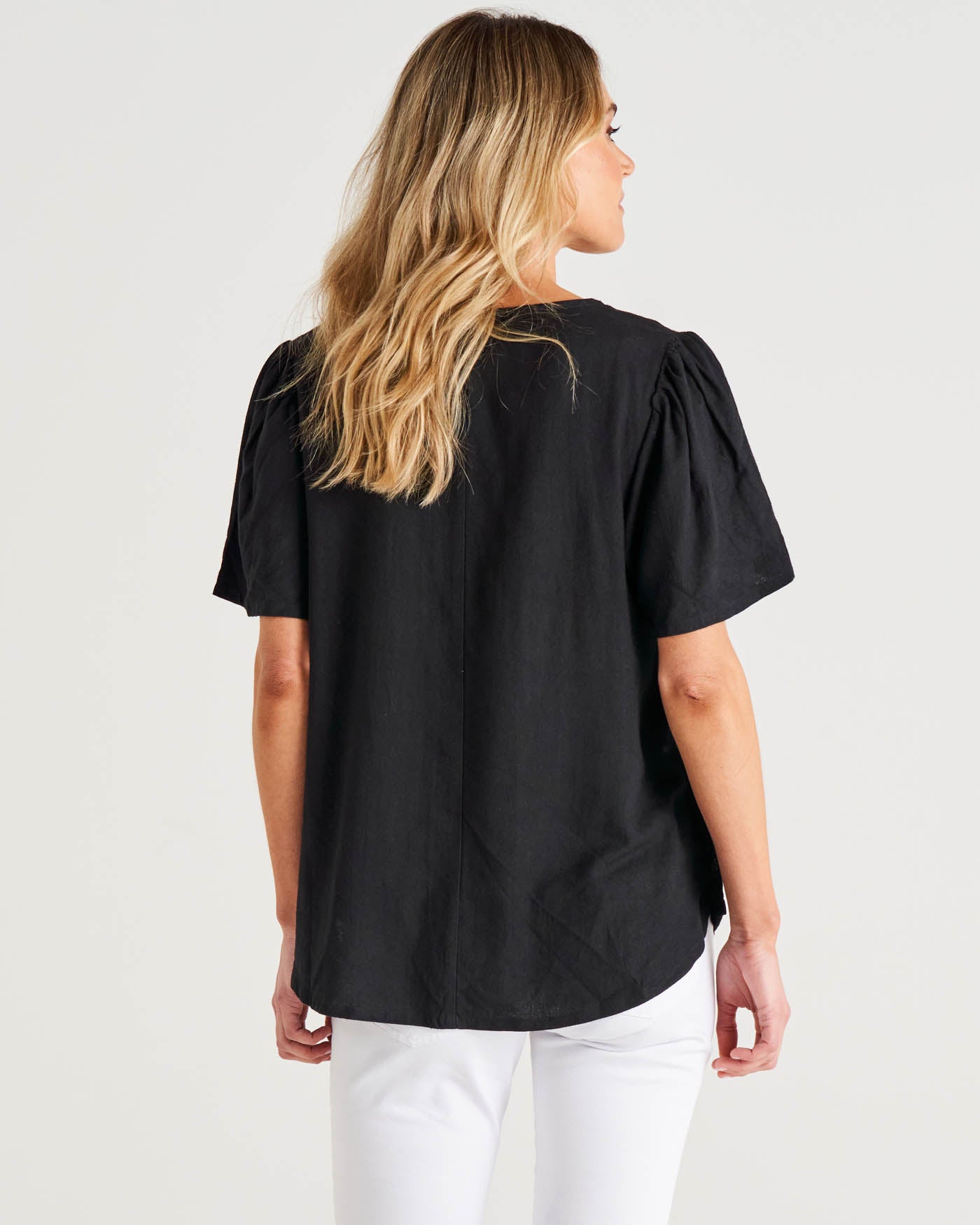 Marina Flutter Sleeve Linen Blouse - Black