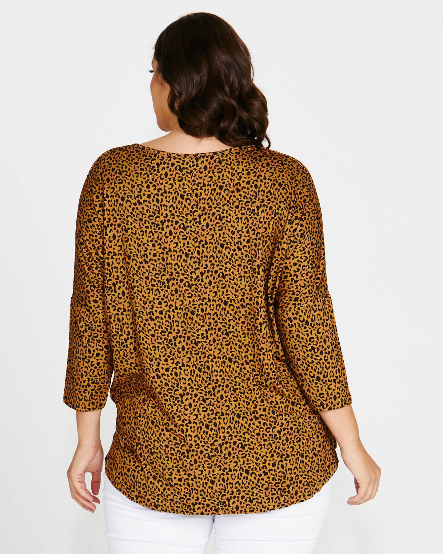 Milan Stretchy Draped Relaxed 3/4 Sleeve Basic Top - Wild Leopard Print