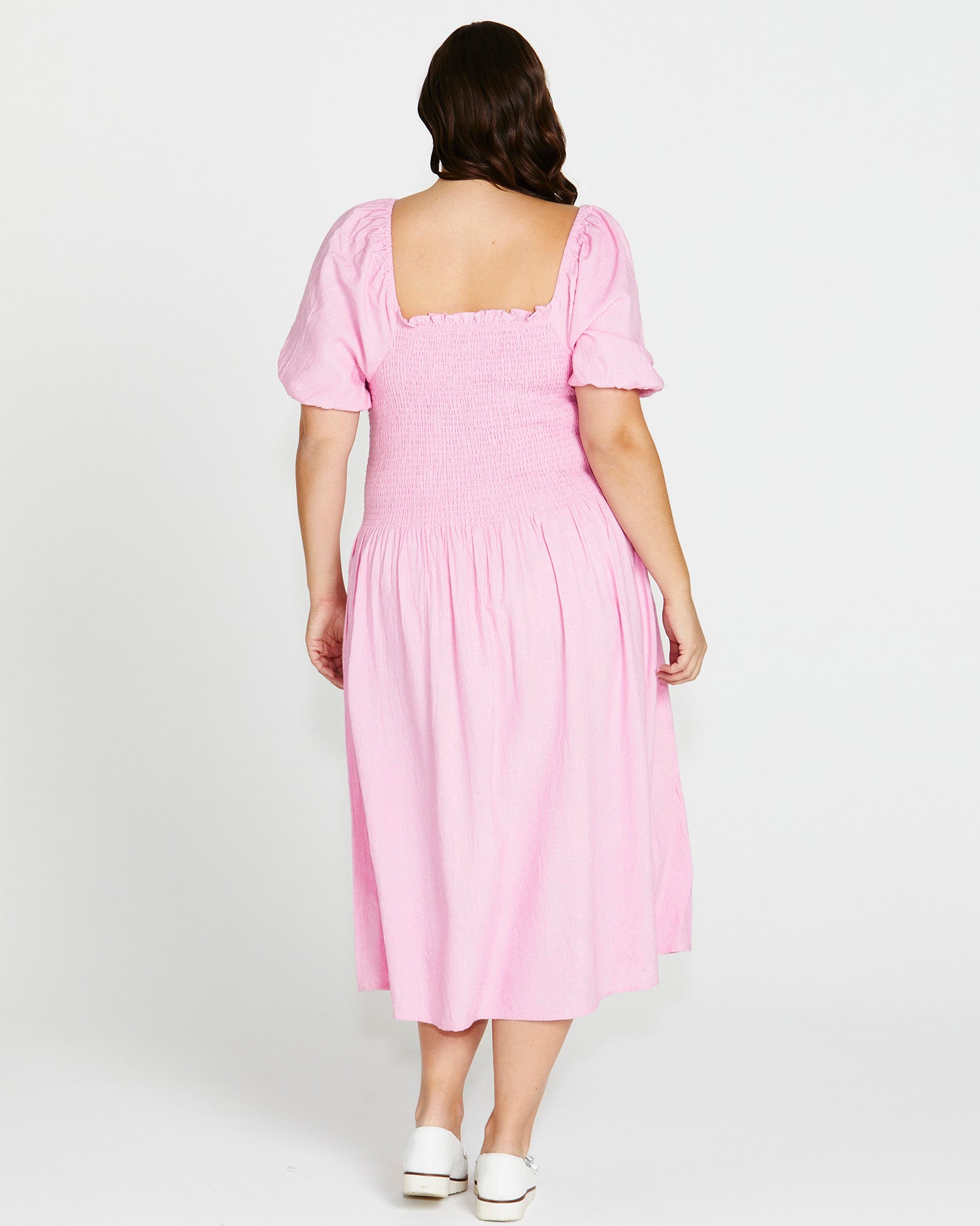 Ingrid Off Shoulder Shirred Bodice Linen-Blend Midi Dress - Prism Pink