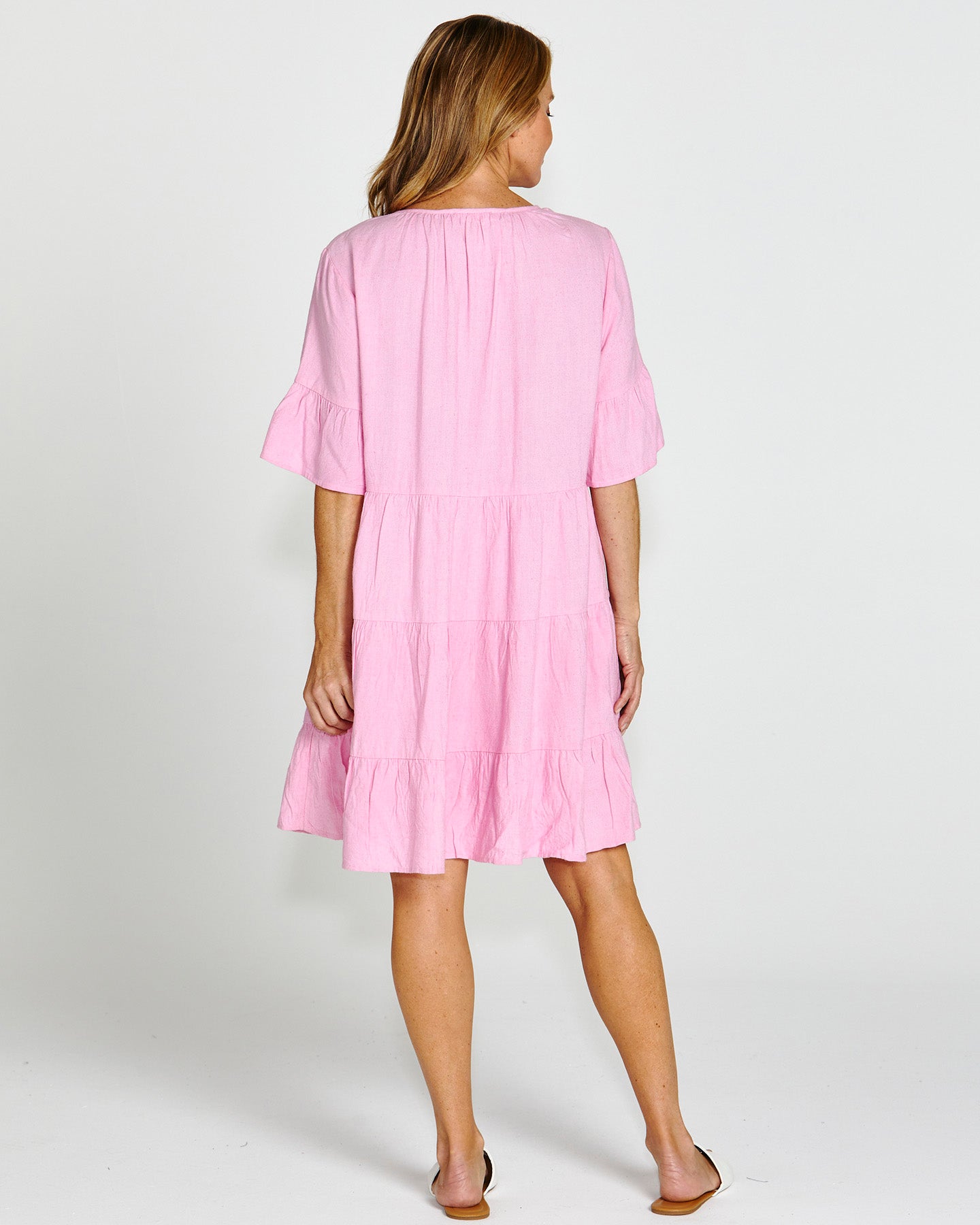 Sally Frill Sleeve Above-Knee Summer Linen-Blend Dress - Prism Pink