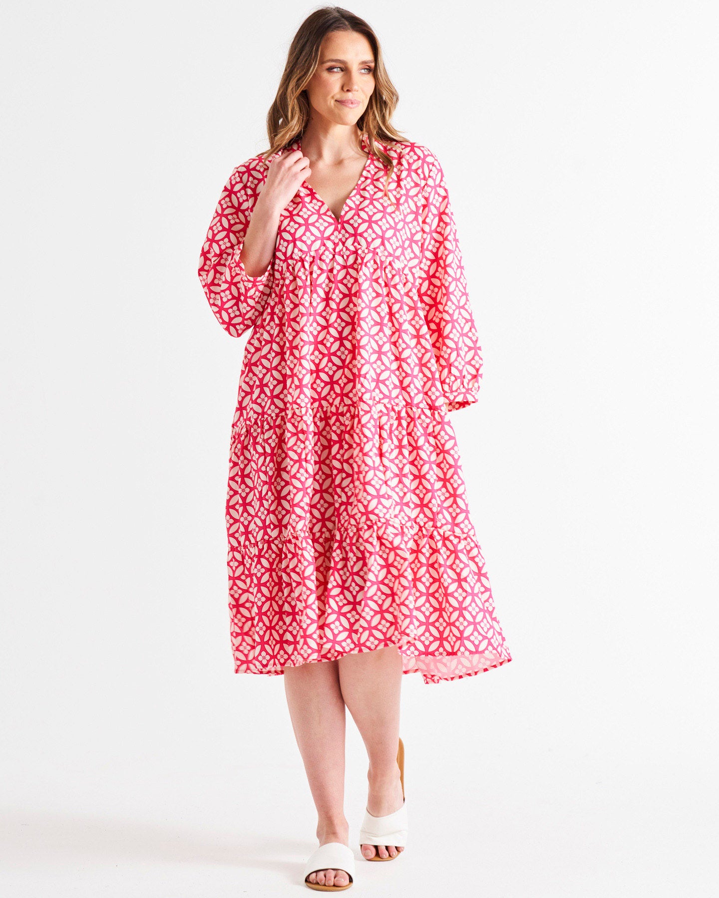 Verona Relaxed Tiered V-Neck Midi Cotton Dress - Pink Geo Print