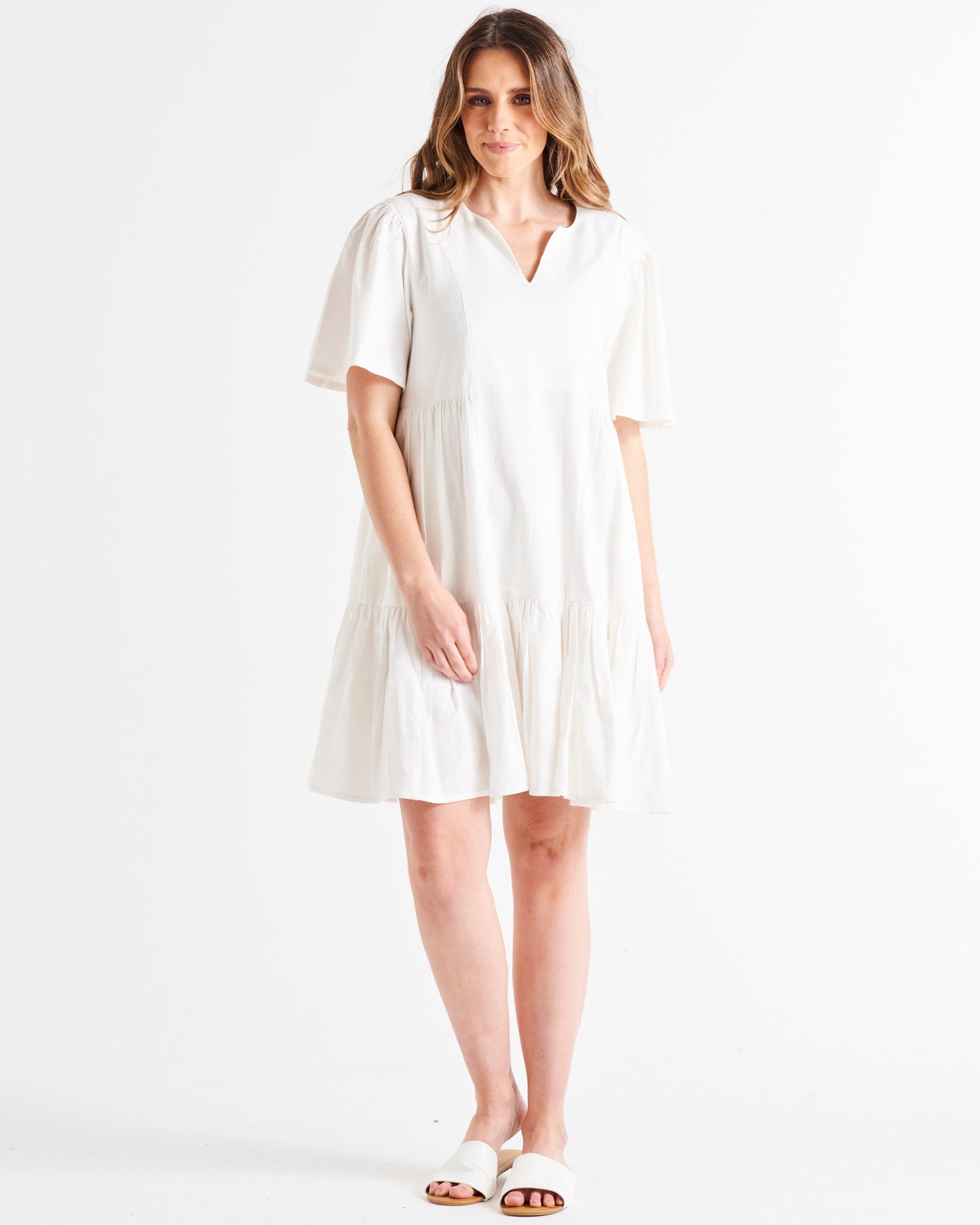 Capulet V-Neck Butterfly Sleeve Tiered Above-Knee Cotton Dress - White