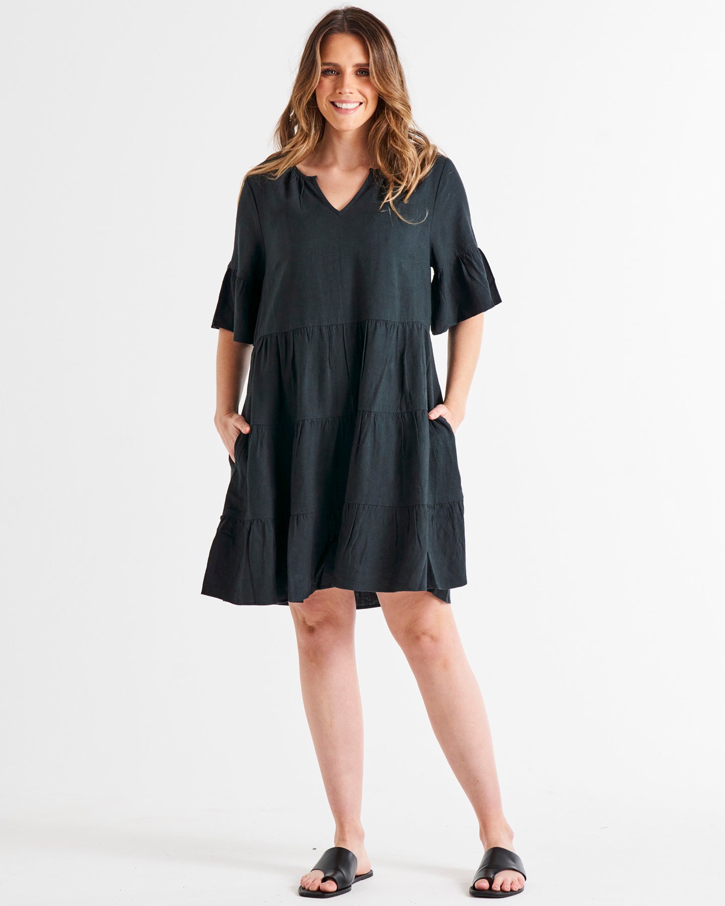 Sally Frill Sleeve Above-Knee Summer Linen-Blend Dress - Coal