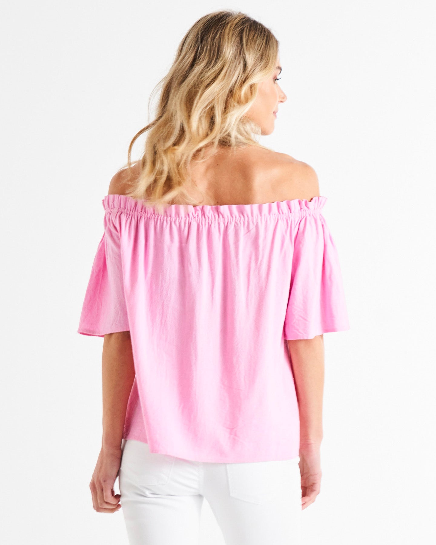Jessica Off Shoulder Short Flutter Sleeve Linen-Blend Top - Prism Pink