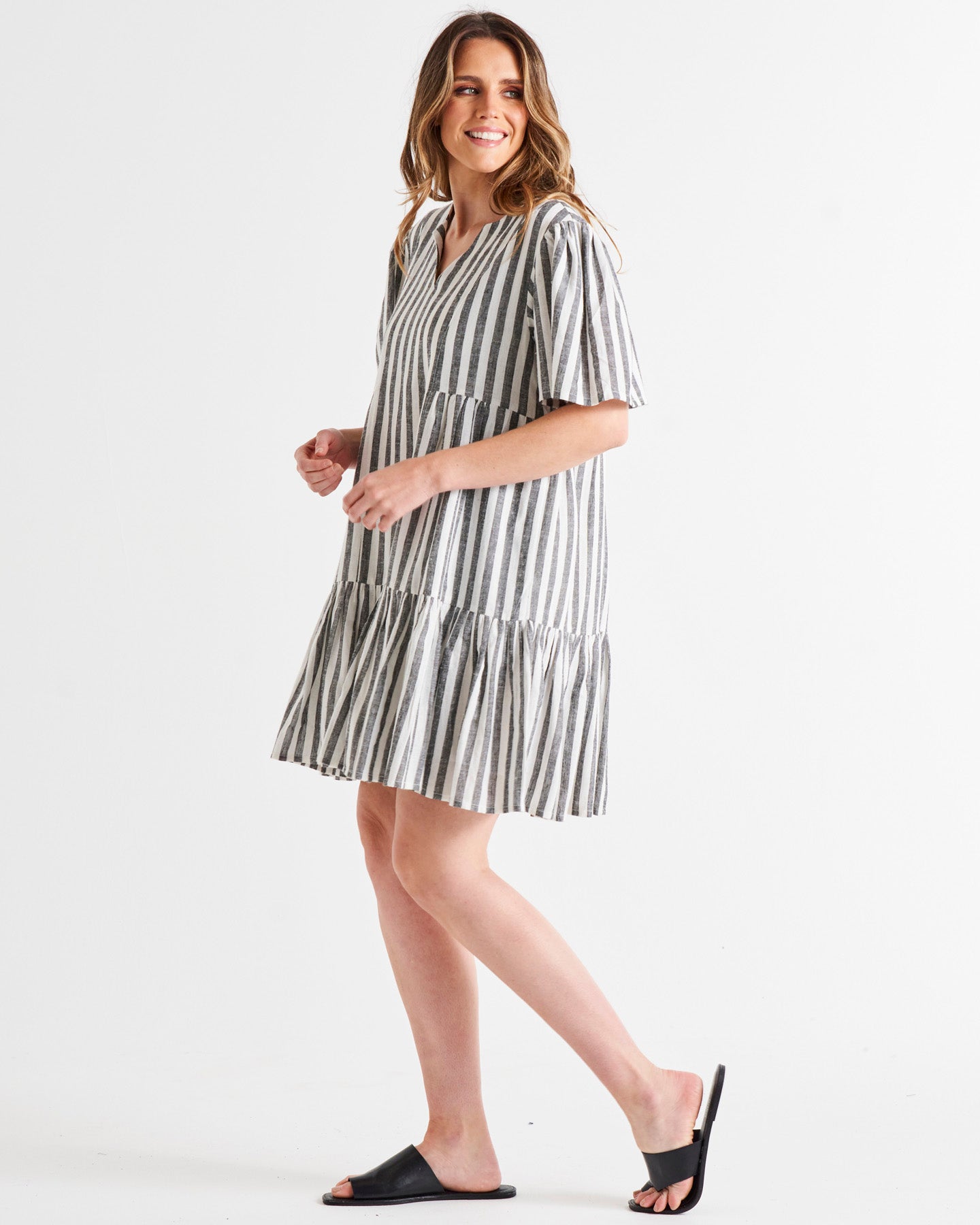 Amara Relaxed Tiered Linen-Blend Above-Knee Dress - Black/White Stripe