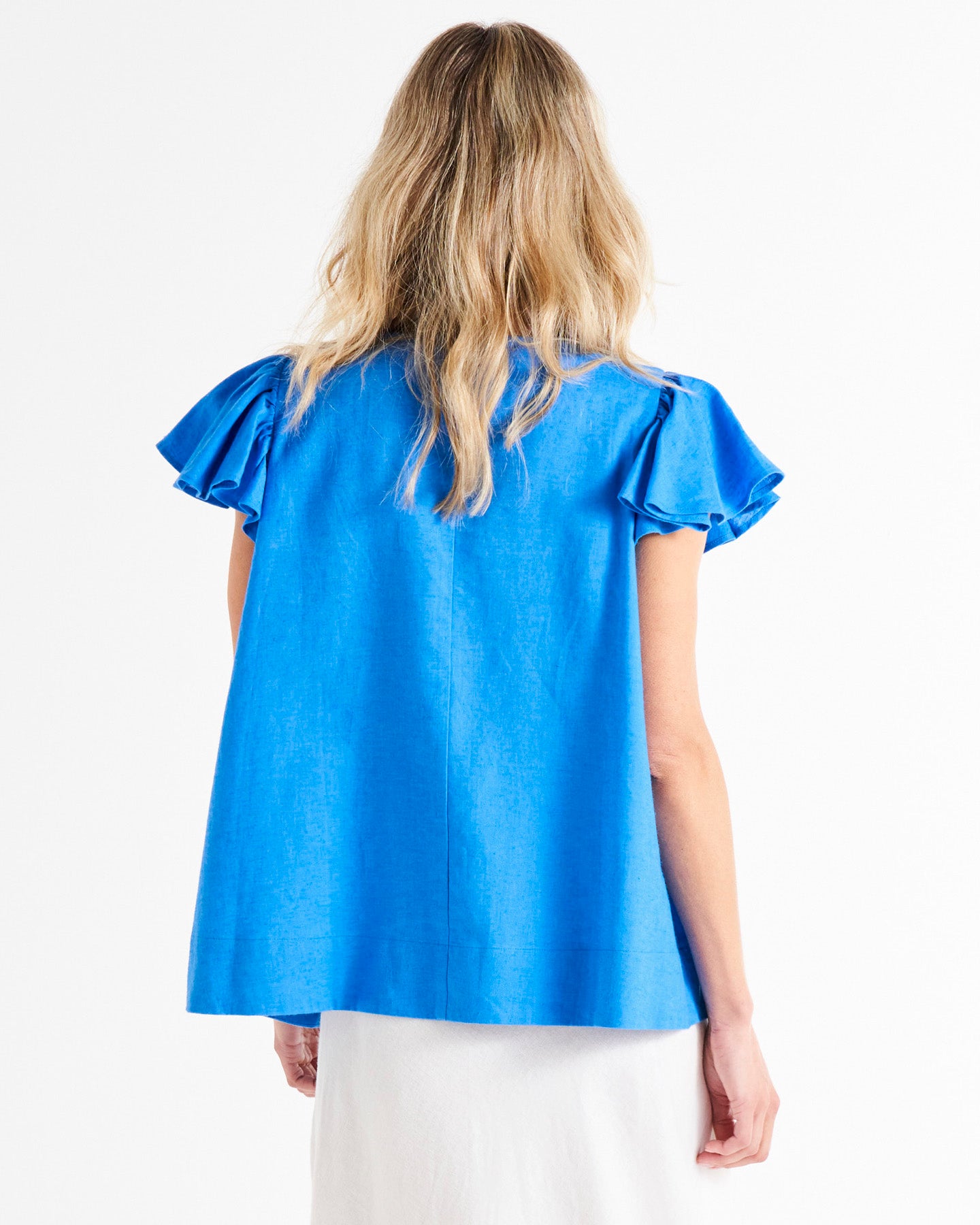 Imogen Frill Sleeve Linen-Blend Top - Electric Blue