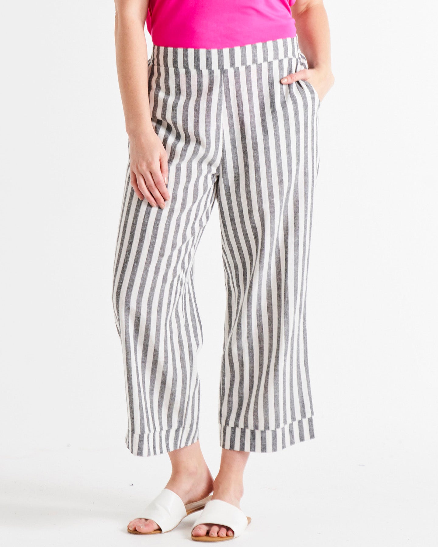 Parker High-Rise Cropped Linen-Blend Pants - Black/White Stripe