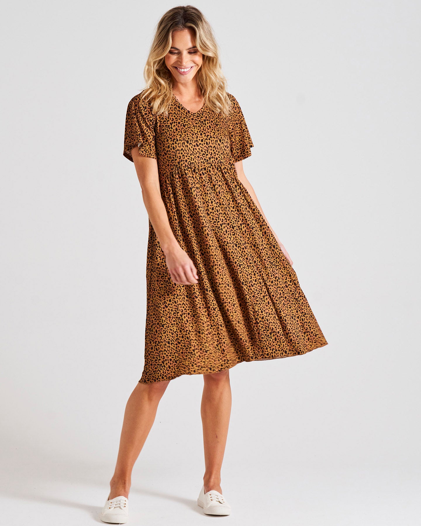 Donna Stretchy Frill Sleeve T-Shirt Dress - Wild Leopard Print