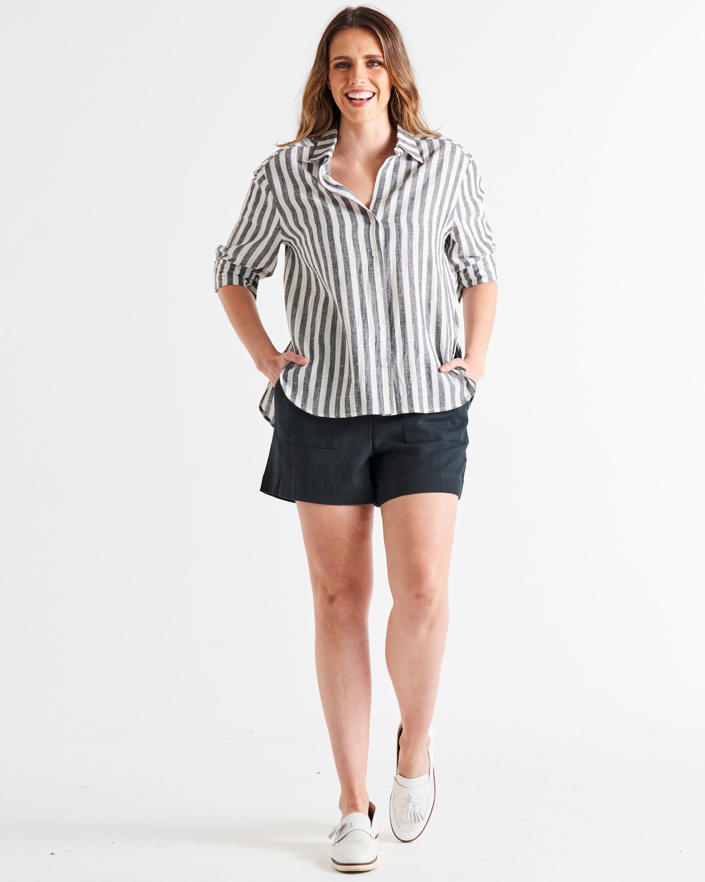 Caprice Relaxed Button-Up Linen-Blend Shirt - Black/White Stripe