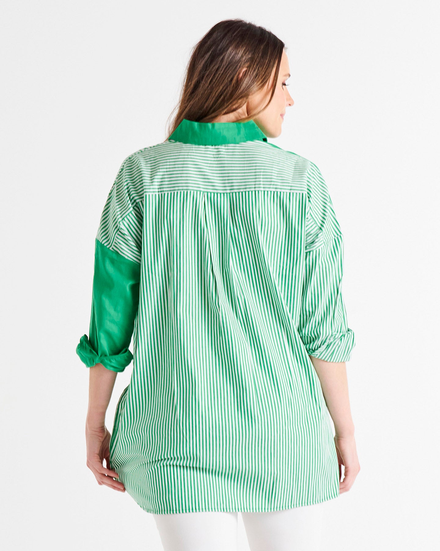 Quinn Oversized Relaxed Button-Up Cotton Shirt - Green Stripe Block