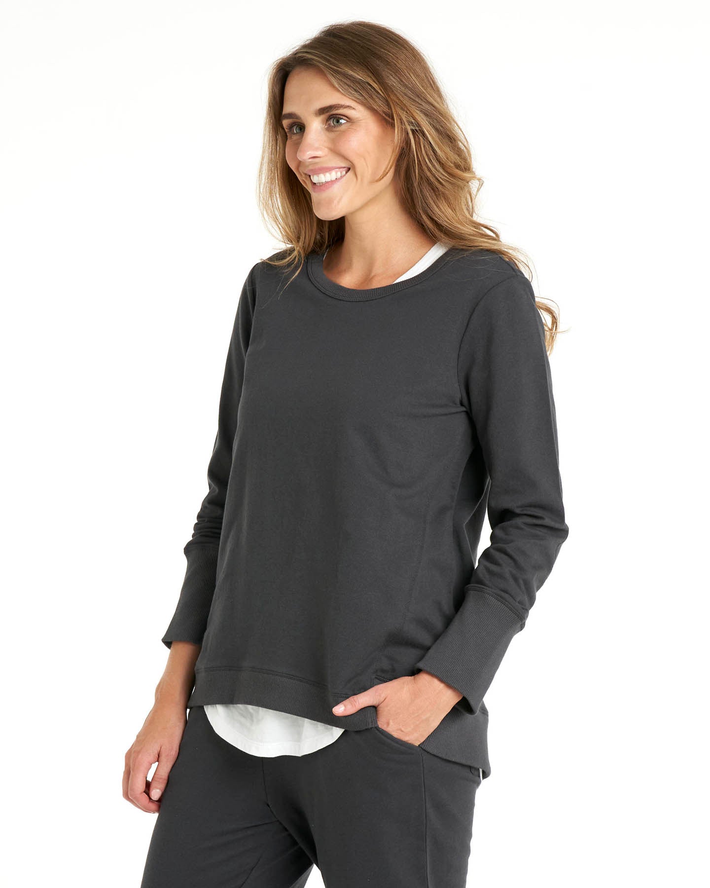Dolly Round Neck Relaxed Basic Sweater - Gunmetal | Betty Basics