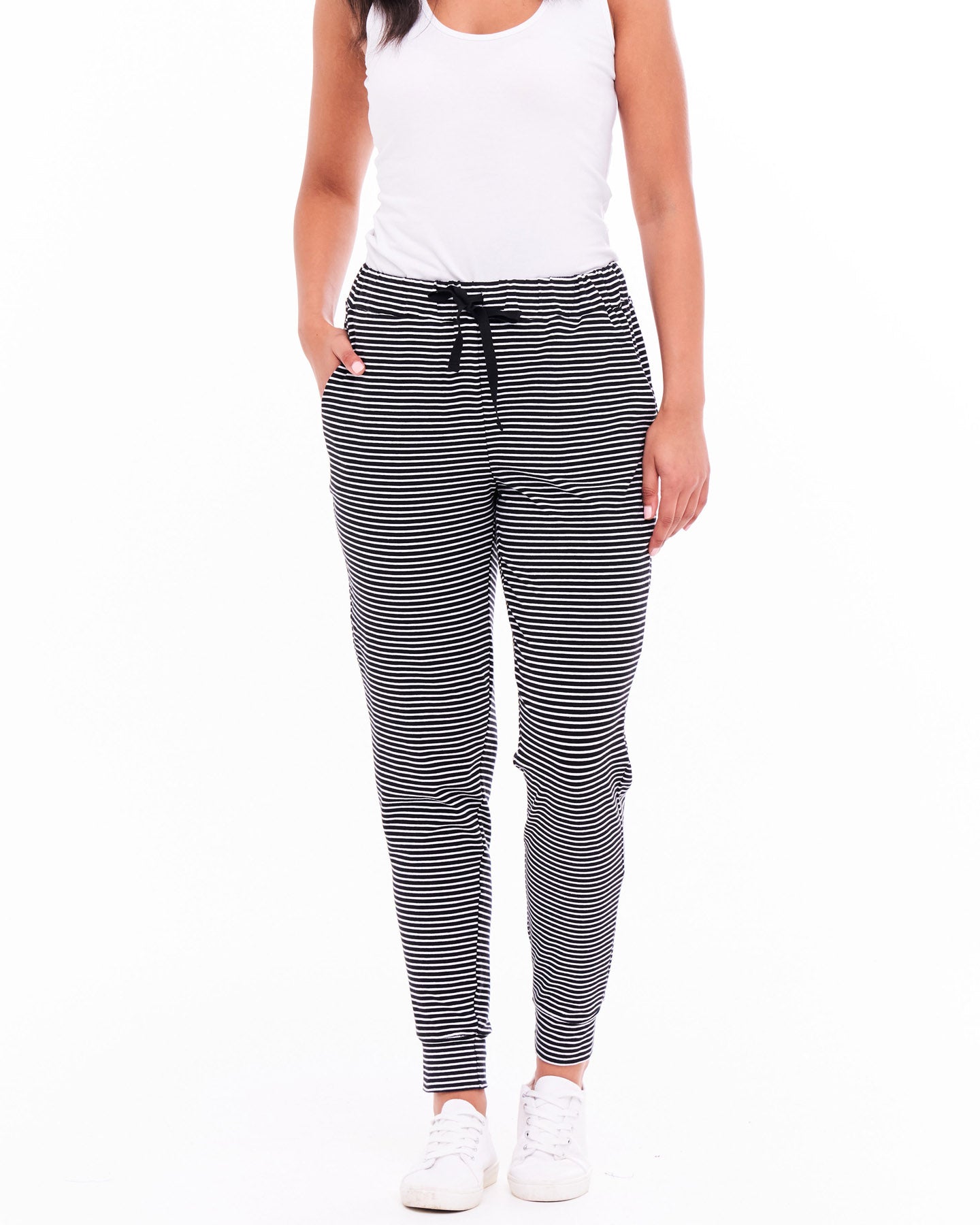 Heidi Stretchy Tapered Cotton Jogger Pants - Black/White Stripe