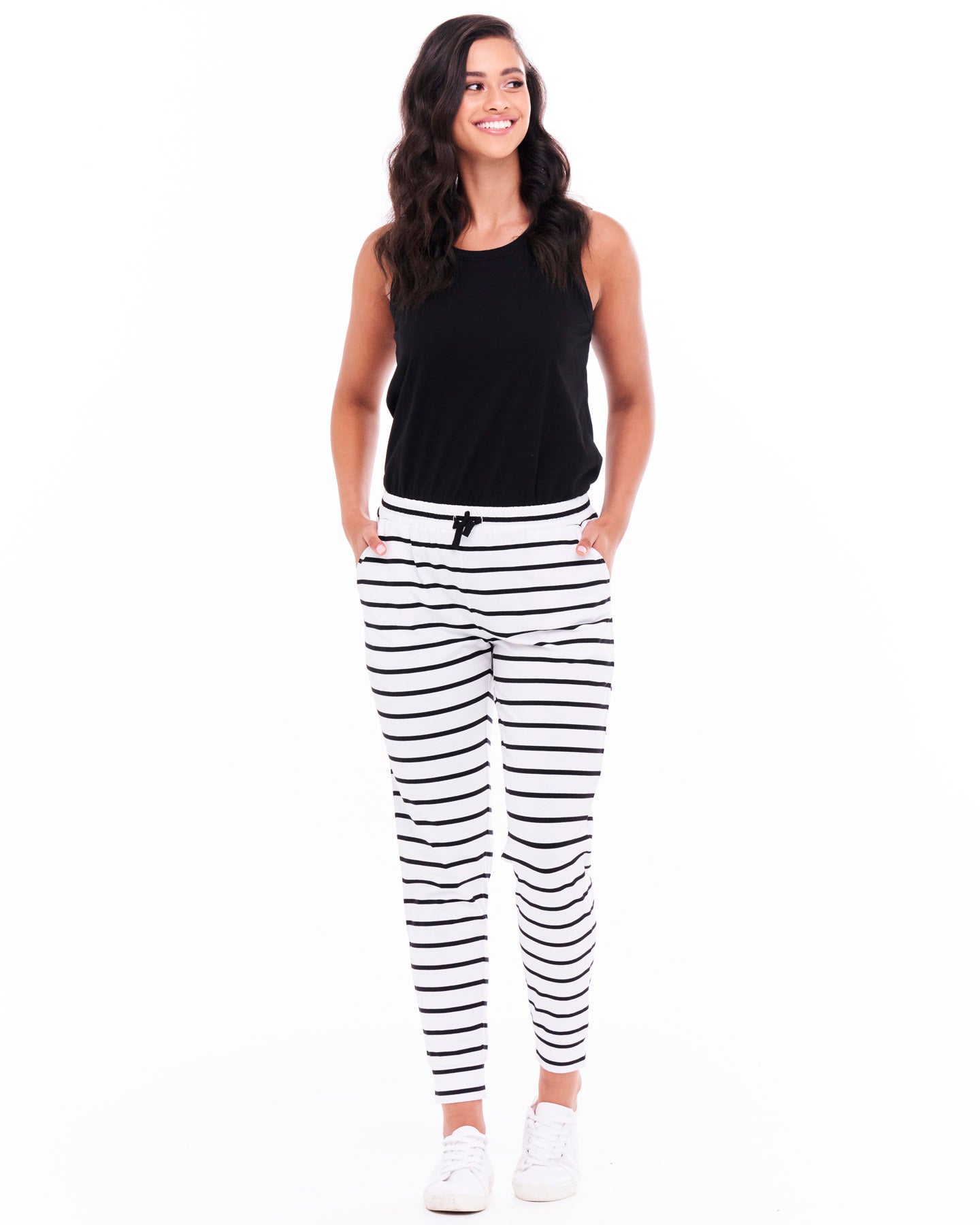 Heidi Stretchy Tapered Cotton Jogger Pants - White/Black Stripe