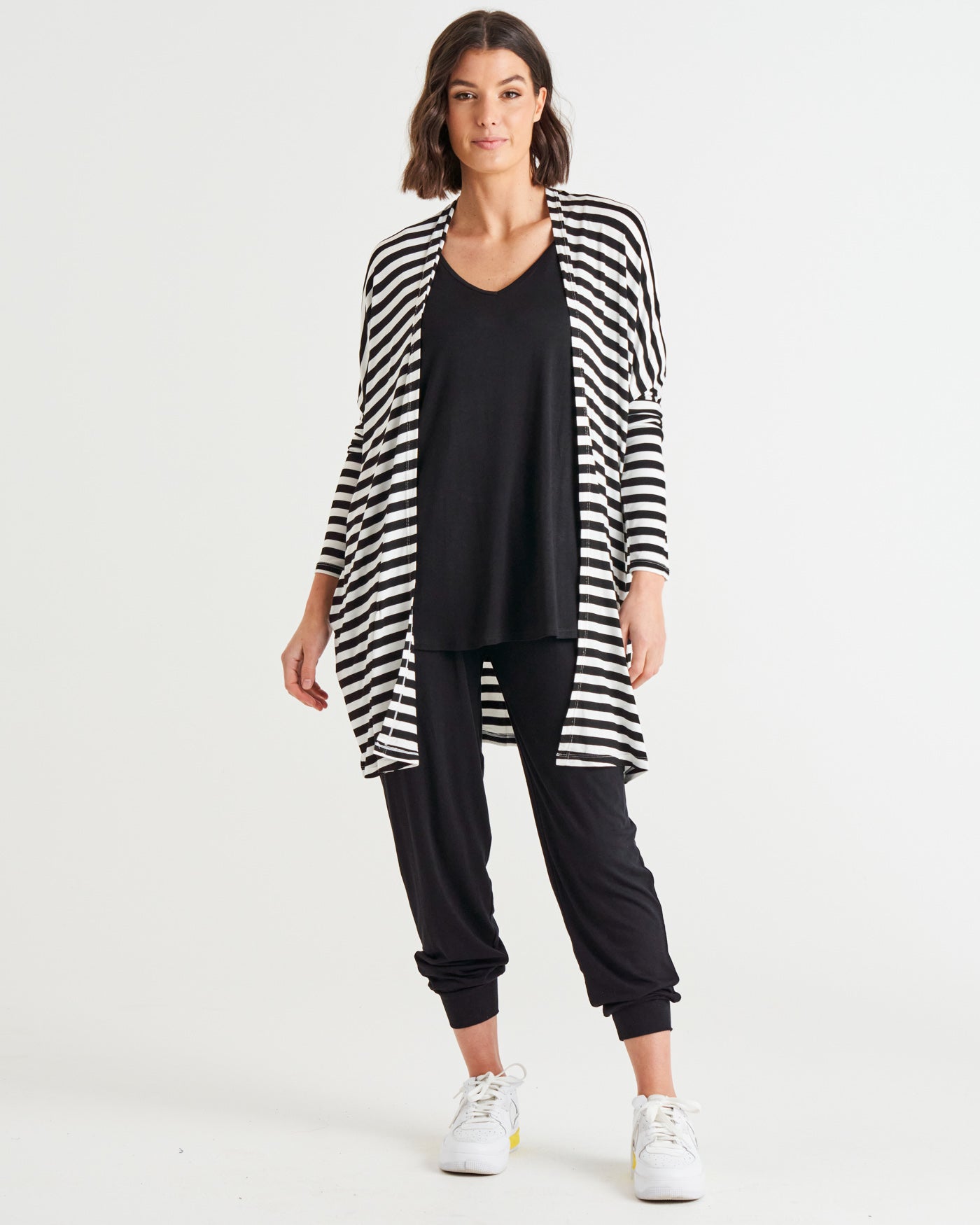 Margot Relaxed Fit Stretchy Cardigan - Black/White Stripe