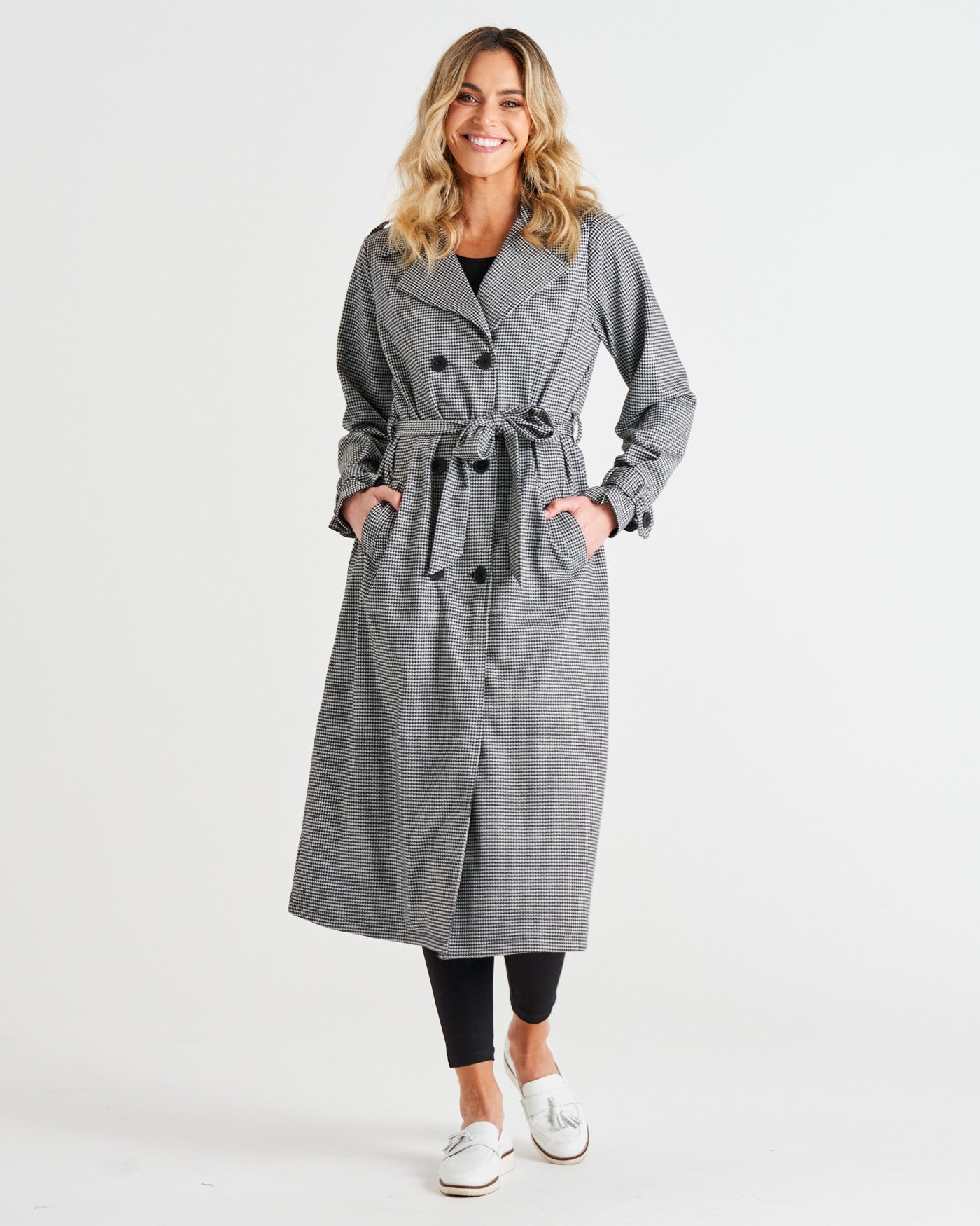 Ponte Relaxed Trench Midi Coat - Black Houndstooth