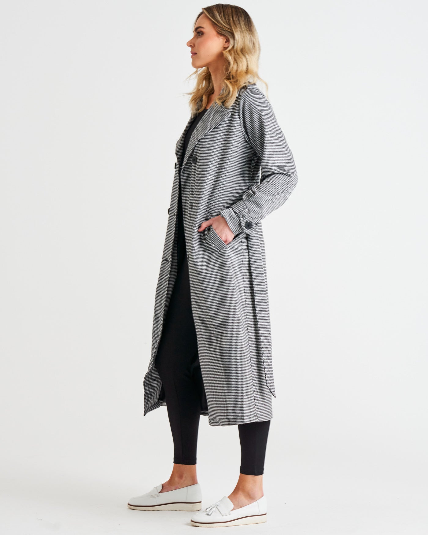 Ponte Relaxed Trench Midi Coat - Black Houndstooth