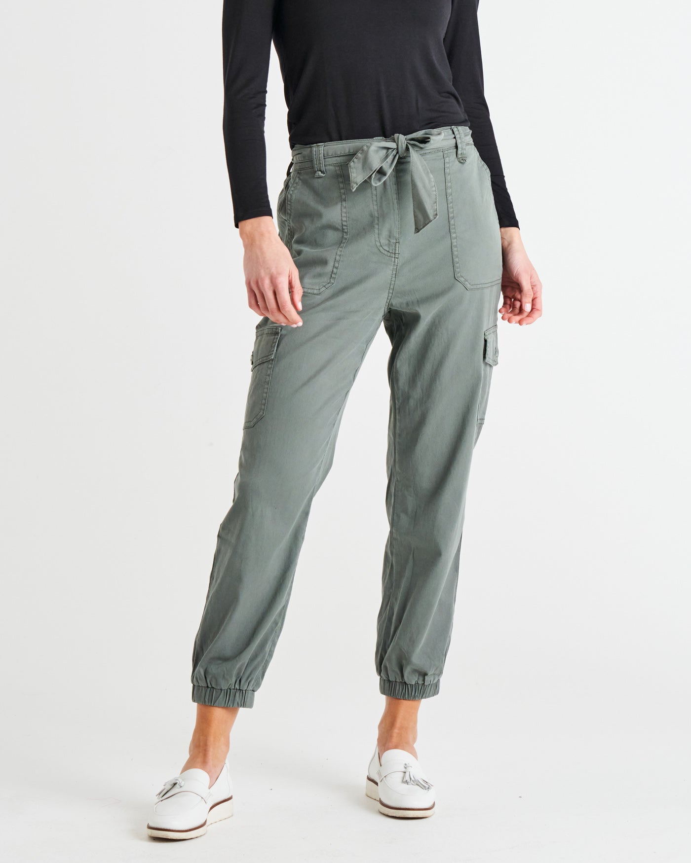 Canterbury Lyocell High Rise Elastic Waist Cargo Pants Khaki