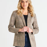 Portsea Single-Breasted Stretchy Lightweight Blazer - Mocha Plaid