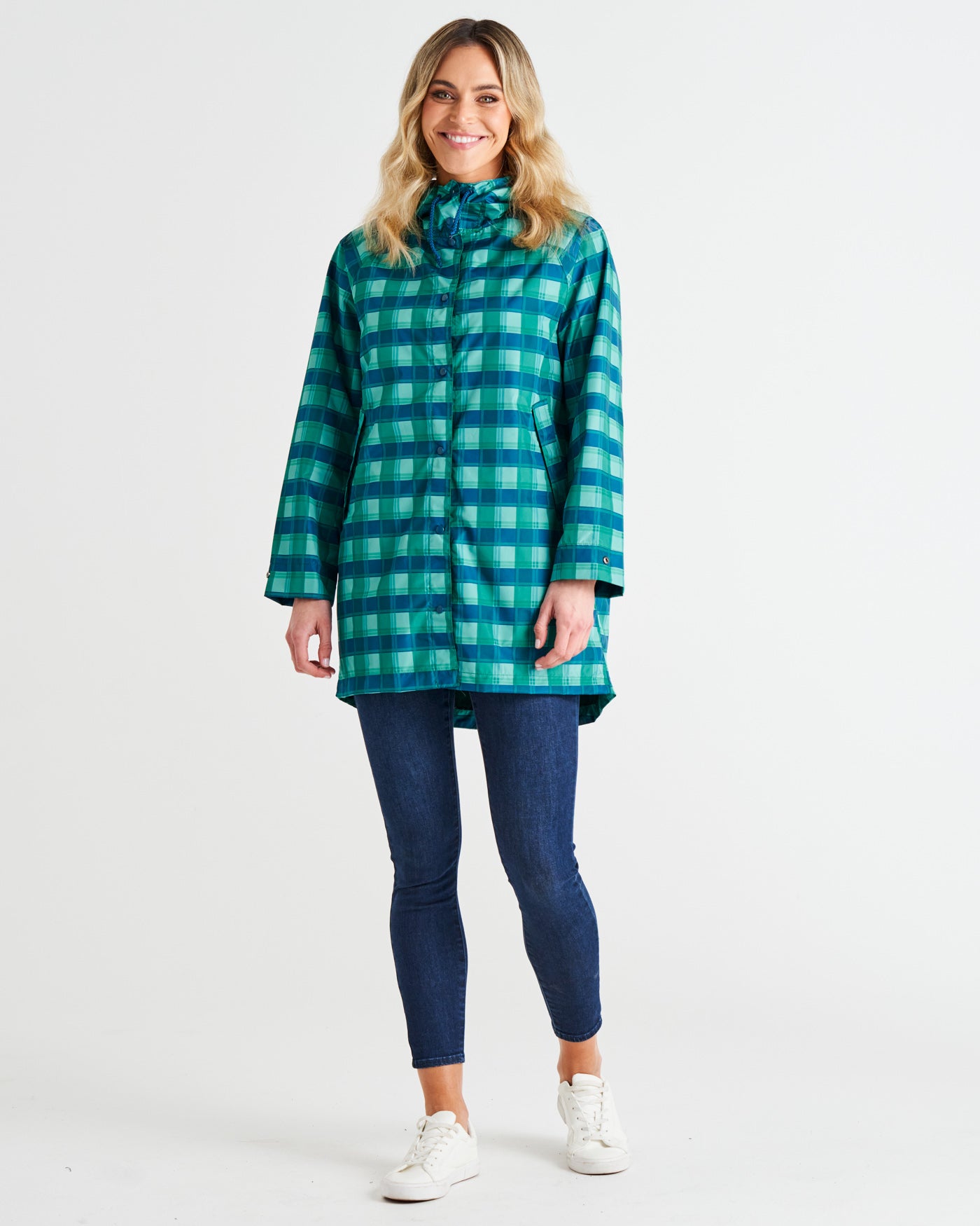Rosie Relaxed Waterproof Raincoat - Green/Blue Tartan