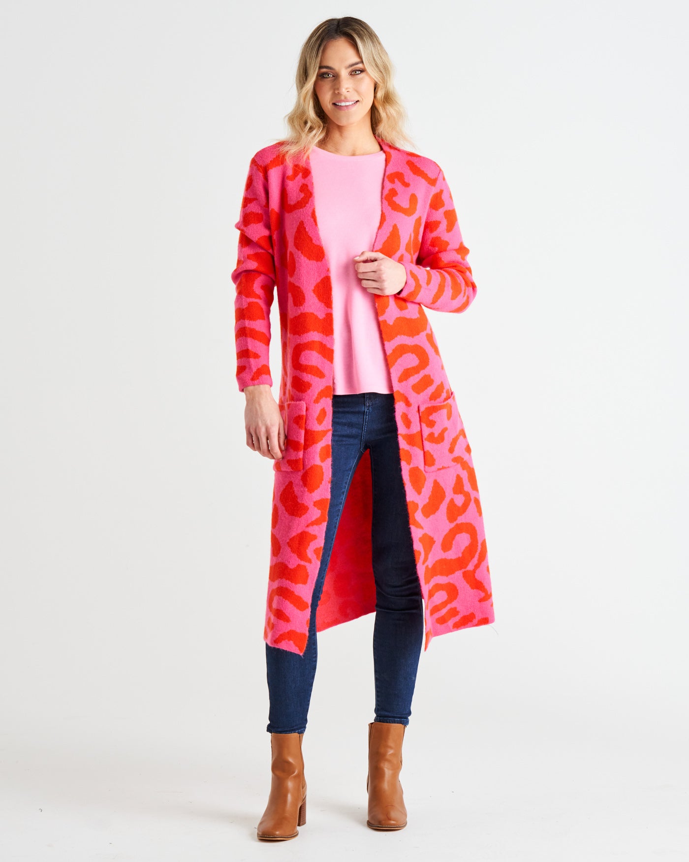 Swift Wraparound Oversized Tie Waist Cardigan - Pink/Red Cheetah Print