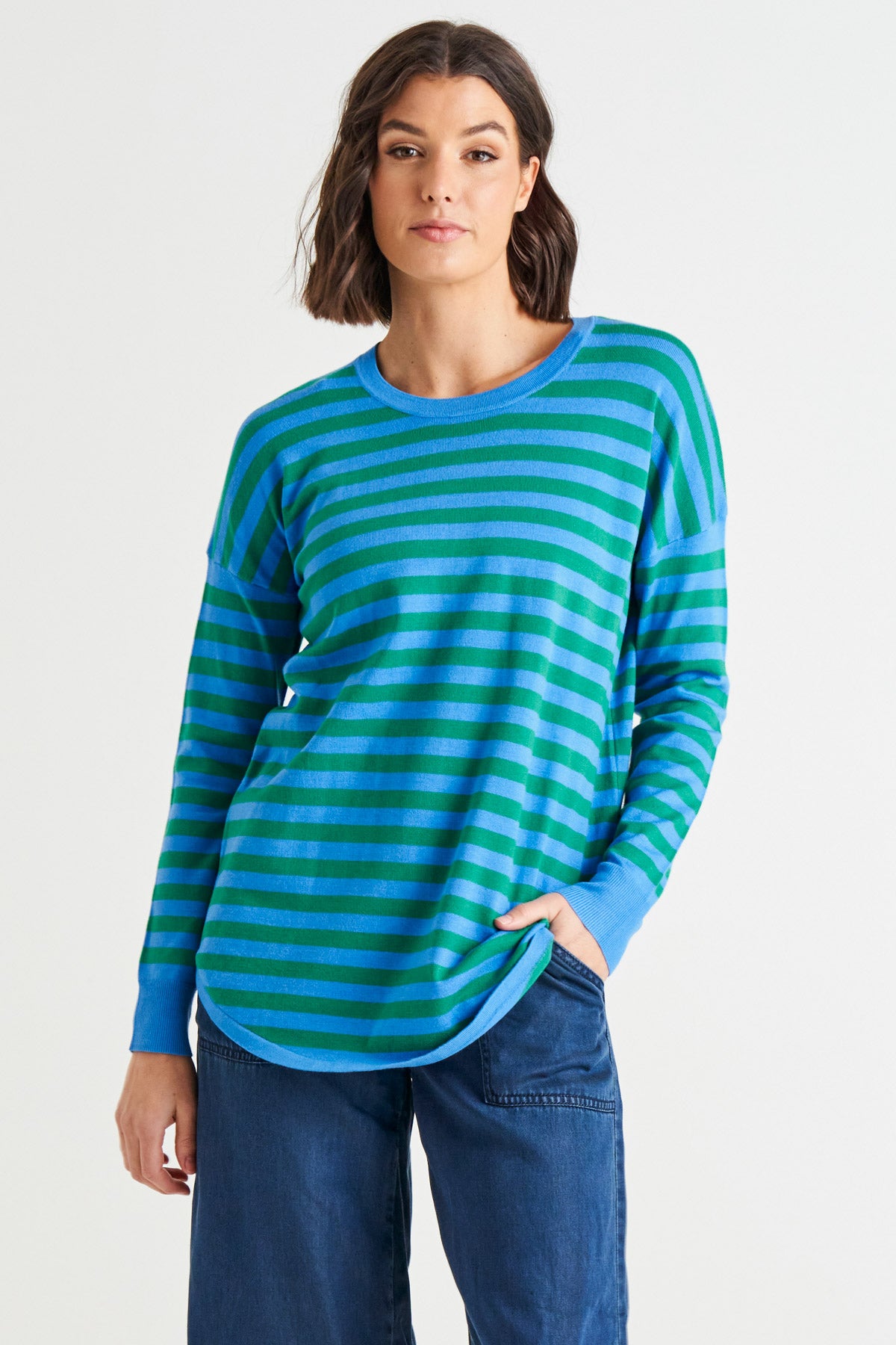 Sophie Lightweight Relaxed Knit Jumper Green/Blue Stripe
