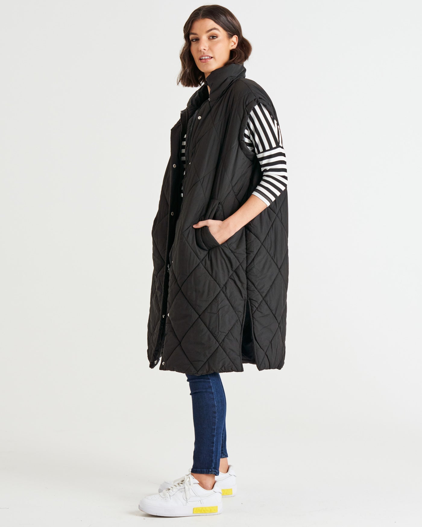 Cape Cod Quilted Padded Puffer Long Vest - Black