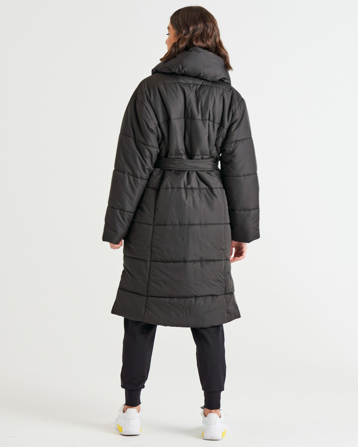 Shawl Oversized Collar Quilted Padded Puffer Jacket - Black