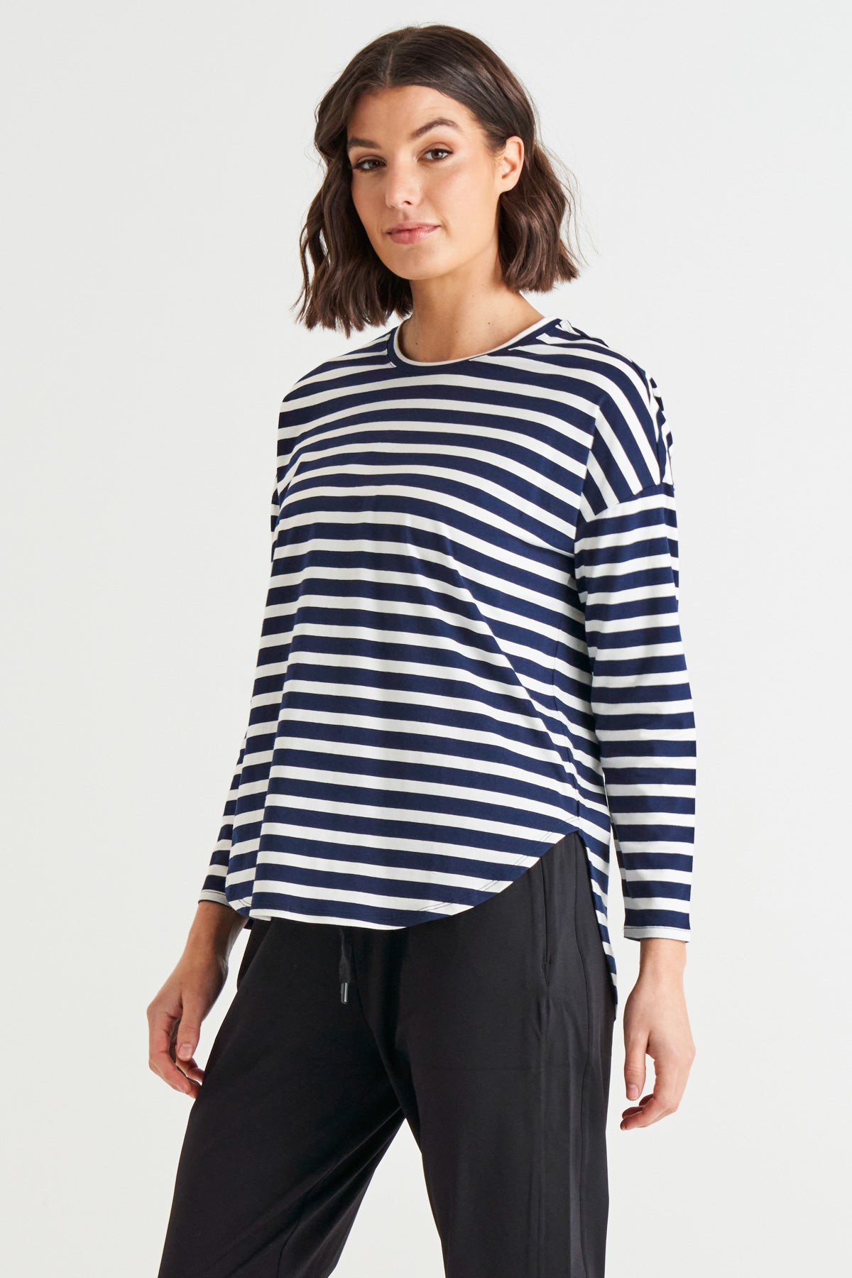 Jessie Relaxed Long Sleeve Cotton Basic Tee - Blue Stripe