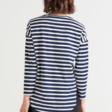 Jessie Relaxed Long Sleeve Cotton Basic Tee - Blue Stripe