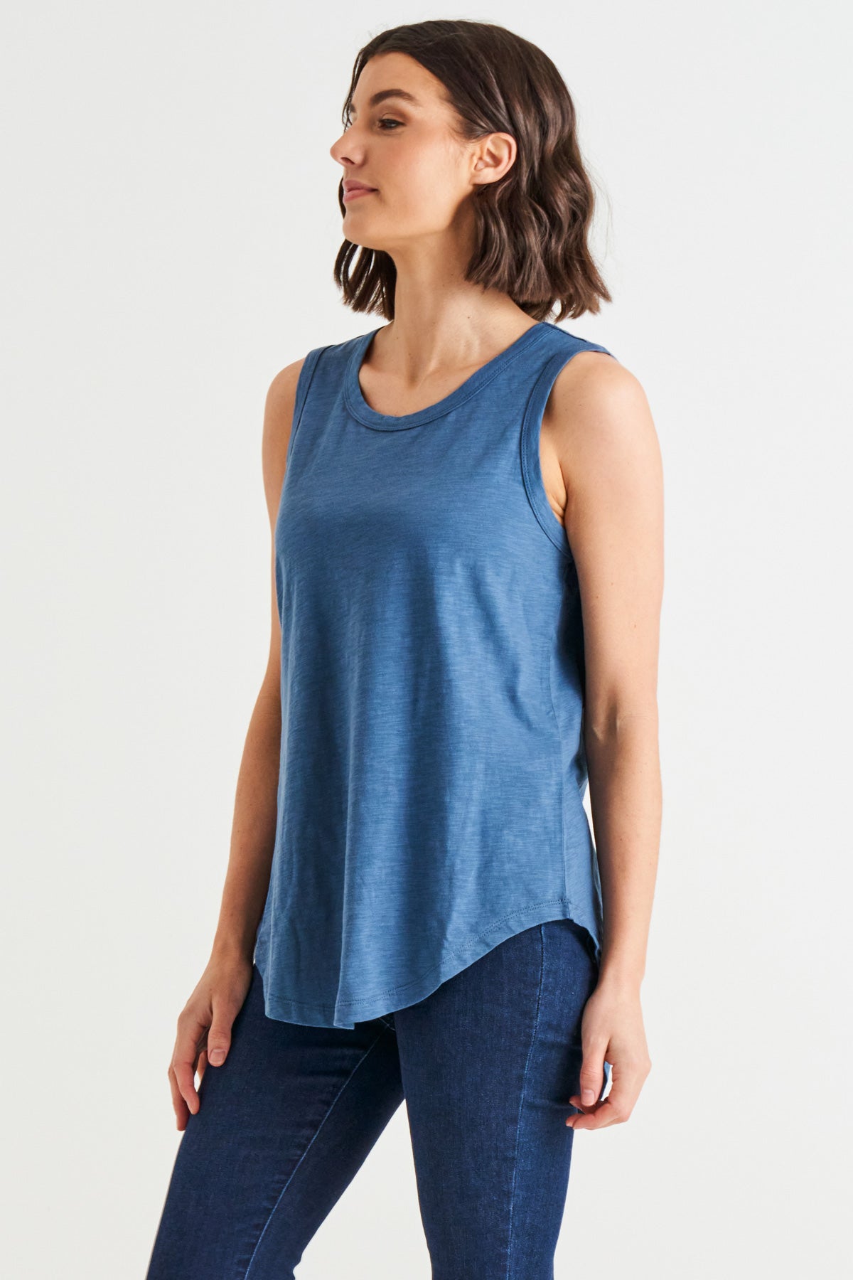 Keira Relaxed Scoop Neck Long Cotton Basic Tank - Steel Blue