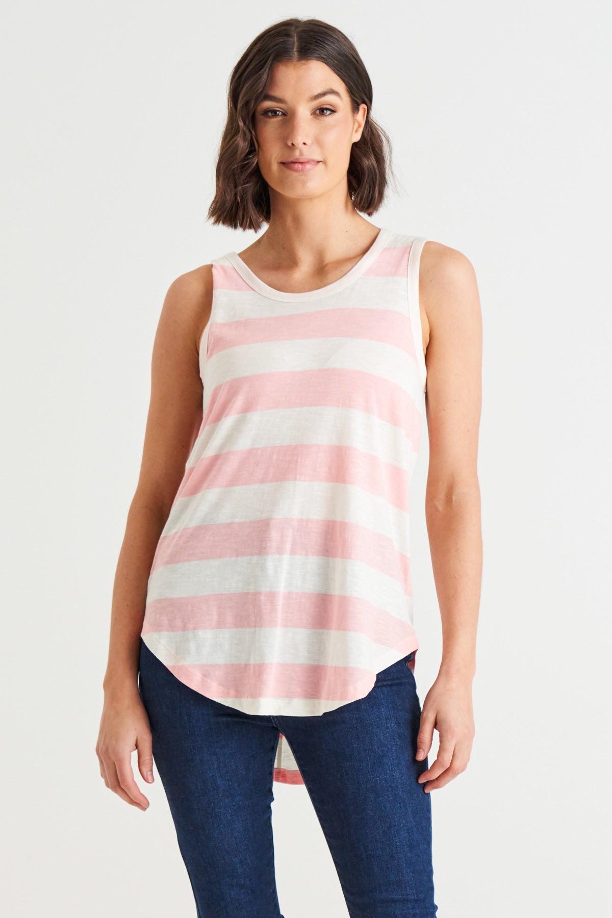 Keira Relaxed Scoop Neck Long Cotton Basic Tank - Baby Pink Stripe